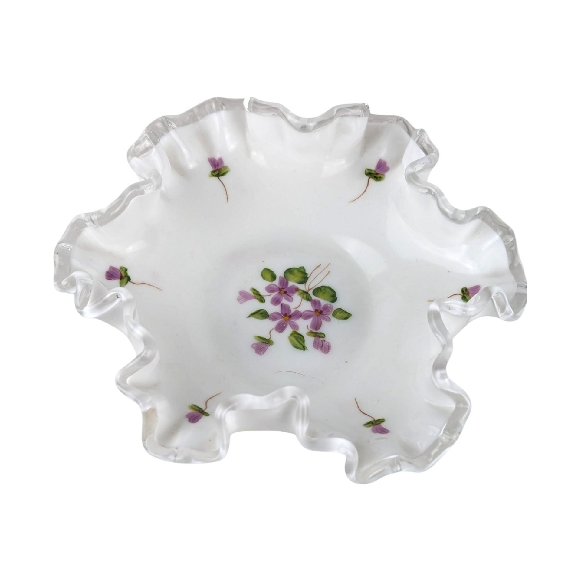 Vintage Fenton Violets in the Snow Milk Glass Dish | Ruffled Candy Dish | Trinket Dish | Collectible Glassware