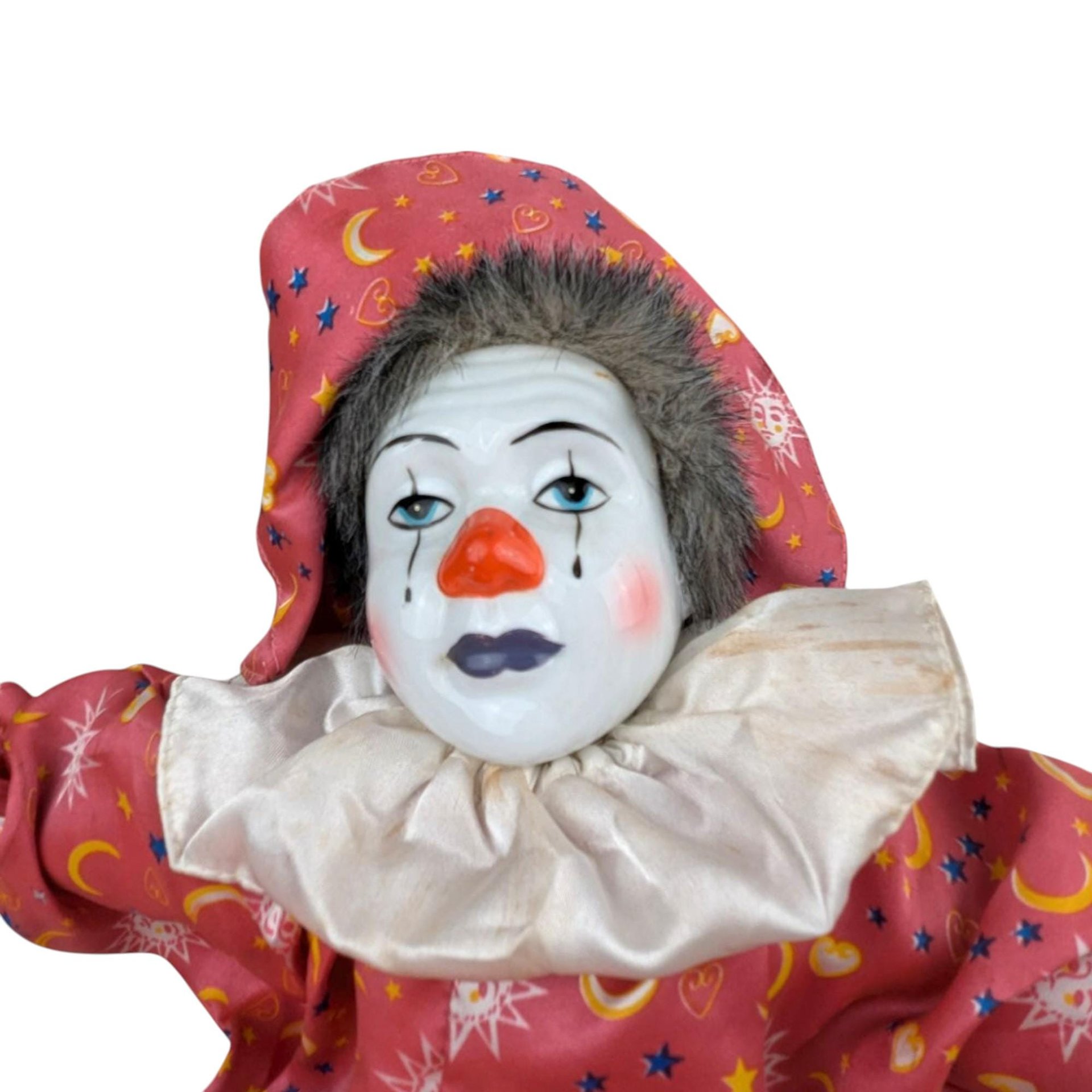 Vintage 18" Porcelain Clown Doll with Moon & Sun Outfit, Hand-Painted Face, Made in China, Decorative Collectible