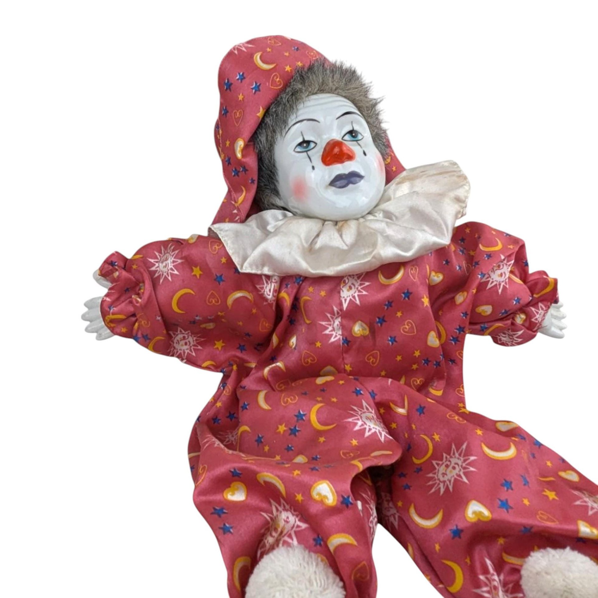 Vintage 18" Porcelain Clown Doll with Moon & Sun Outfit, Hand-Painted Face, Made in China, Decorative Collectible