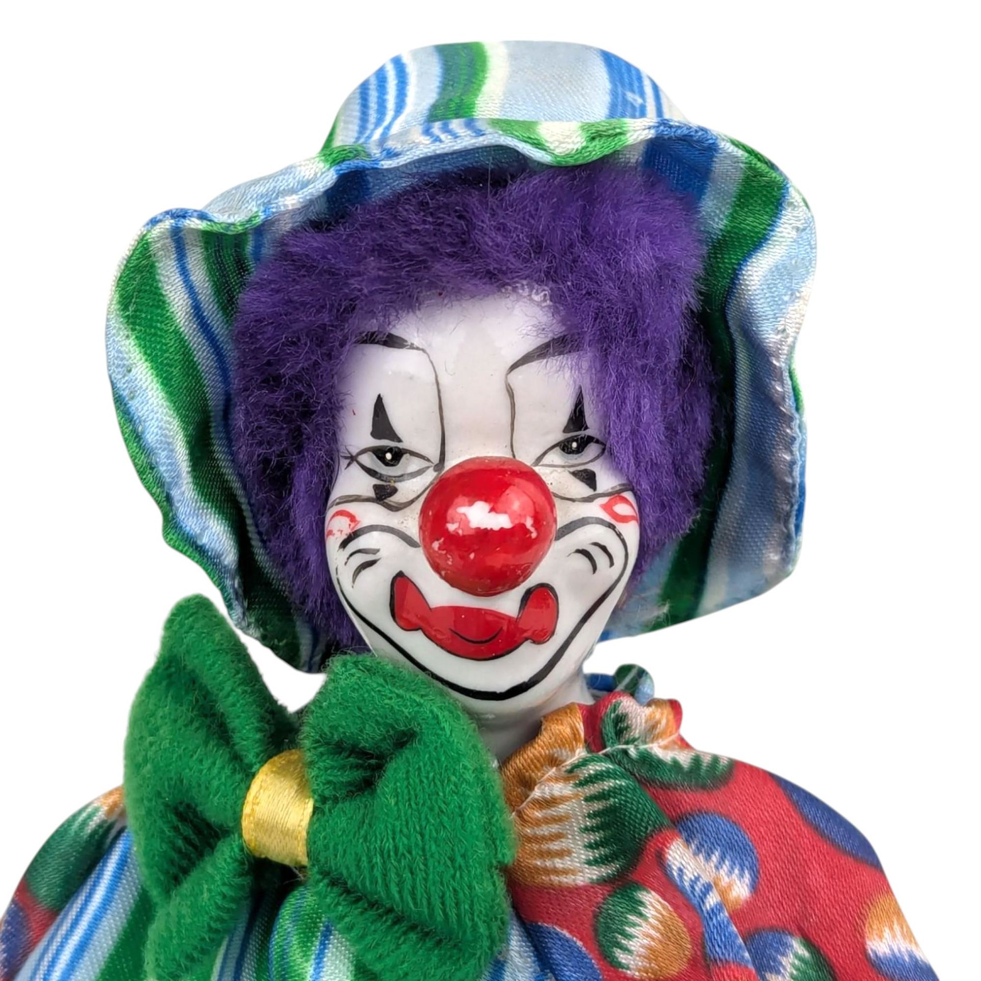 Vintage Ganz Shelf Sitter Clown, Porcelain, Fabric Costume, 14 Inches, Collectible Clown Doll, Display Doll