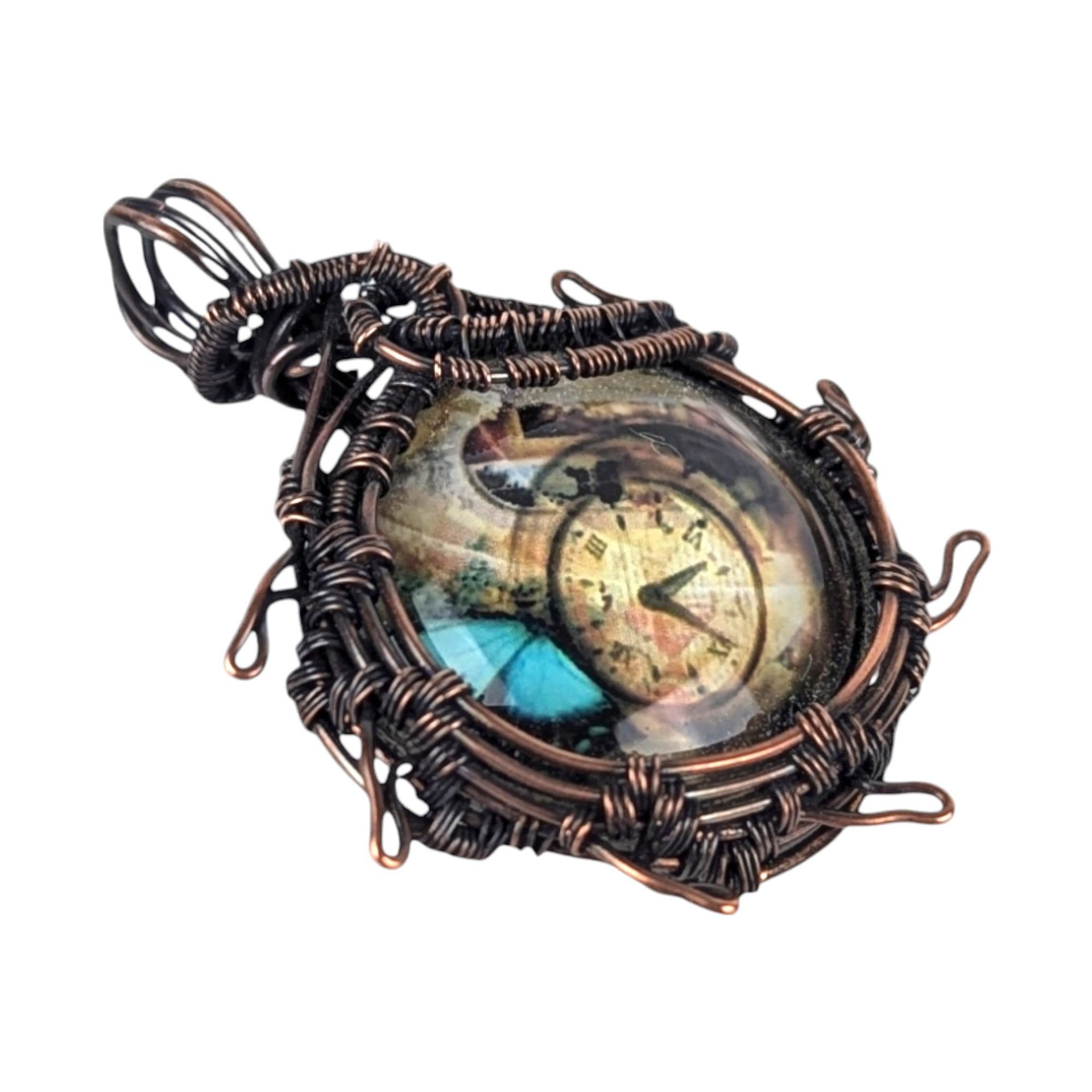 Handcrafted Copper Wire Wrapped Pendant | Clock Collage | Picture Cabochon | Earth Tones | Unique Gift | Vintage Style