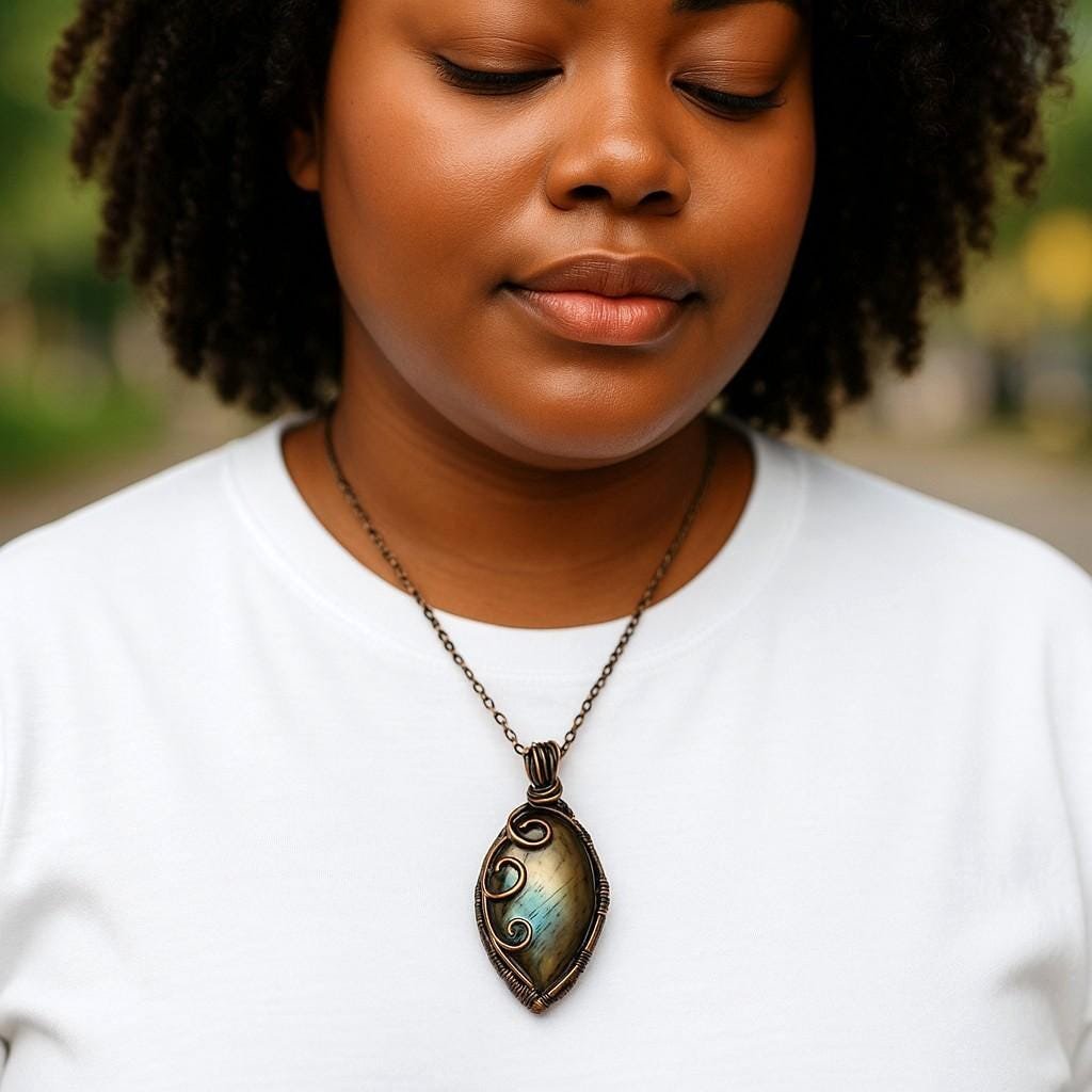 Handmade Labradorite Pendant | Copper Wire Wrapped | Green, Blue & Yellow Hues | 2.5" | Unique Gift
