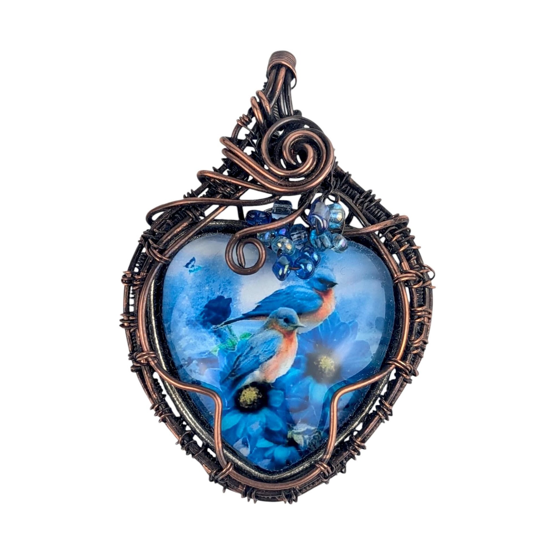 Handmade Copper Wire Wrapped Pendant with Blue Birds | Unique Artisan Jewelry | Nature-Inspired Necklace | Gift for Bird Lovers