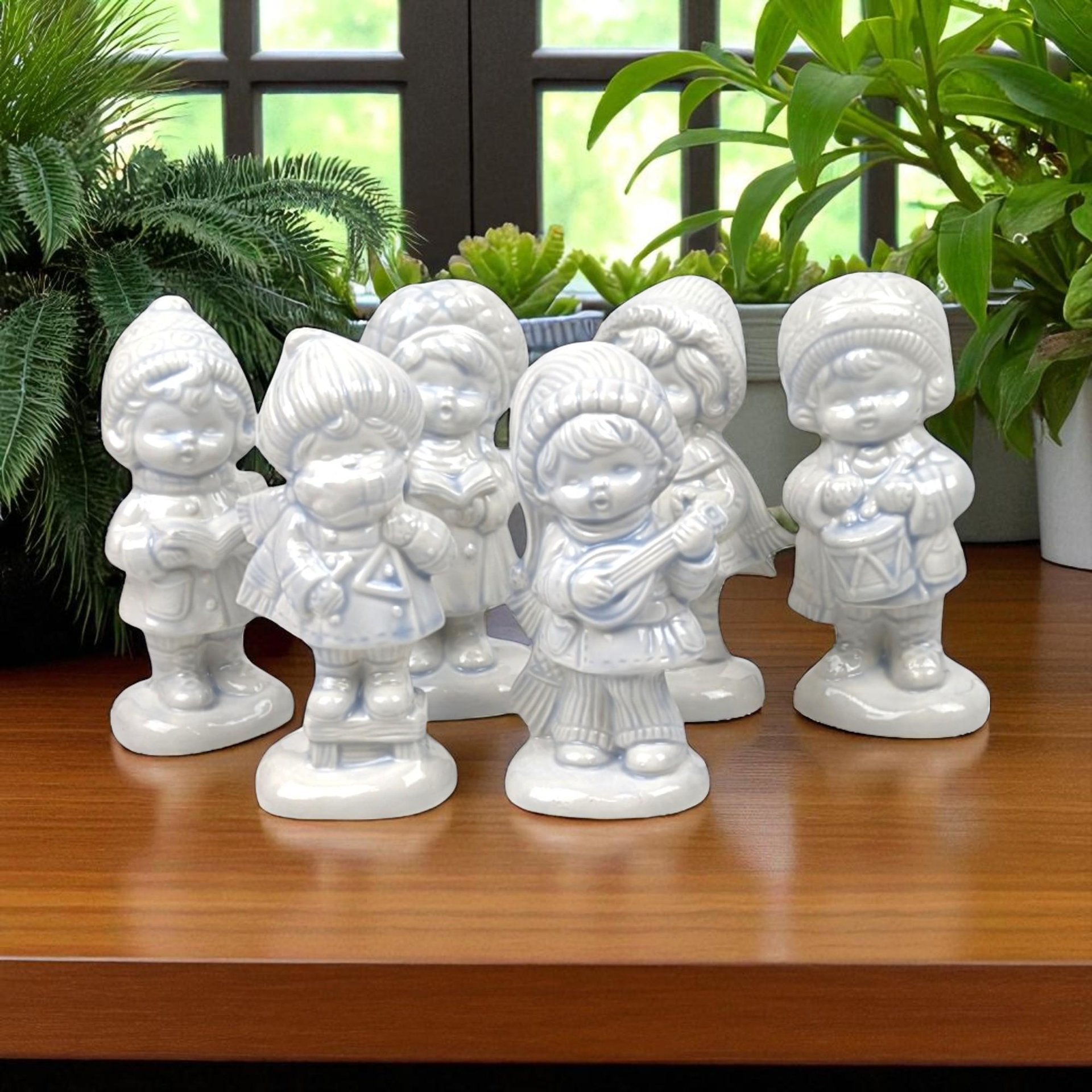 Set of 6 Vintage Ceramic Caroler Figurines, Hand-Painted, Blue Tint, 5.5 Inches Tall, Christmas Decor