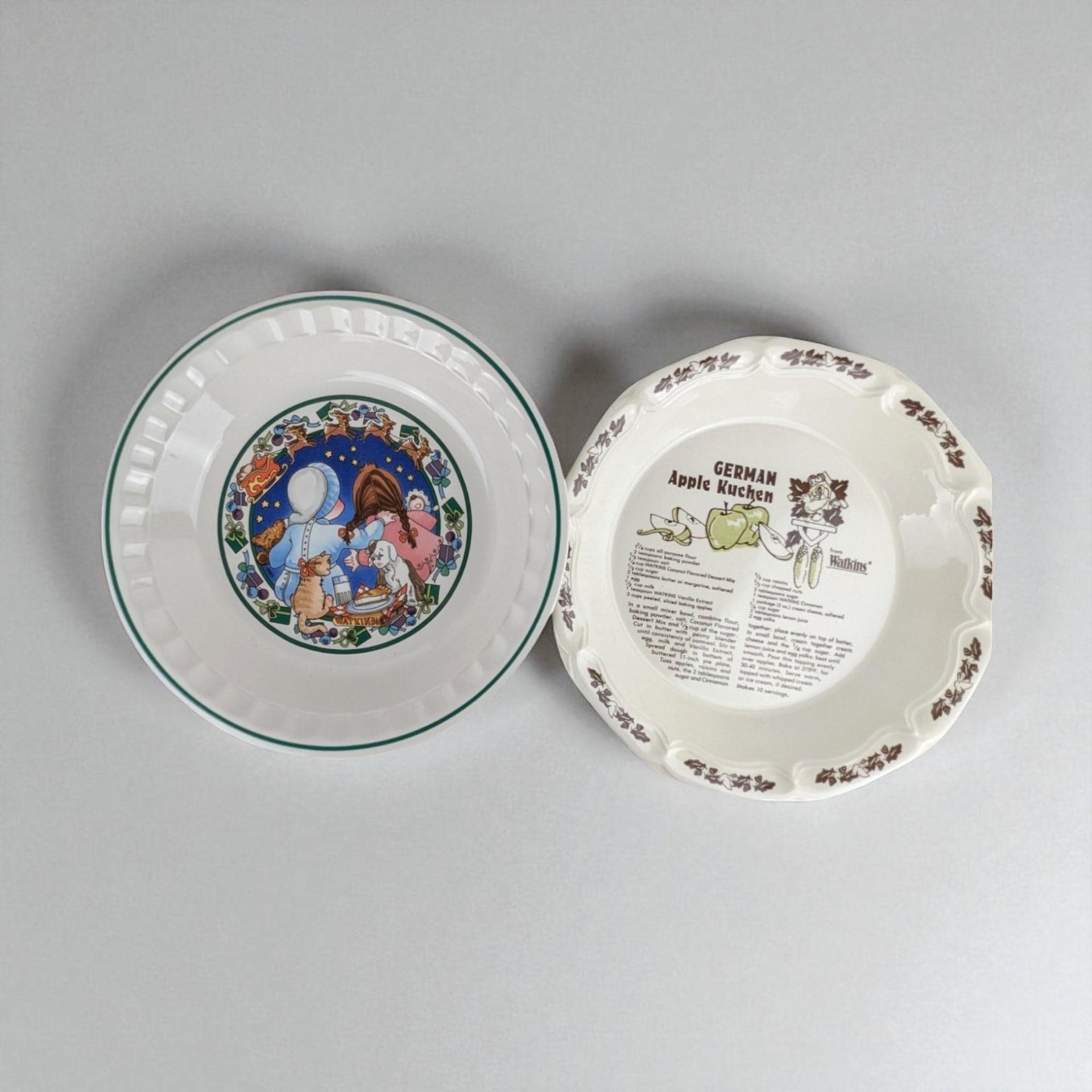 Vintage Watkins Pie Plates, Set of 2, German Apple Kuchen, Christmas Wish Recipe, Collectible Kitchenware, Baking Dish