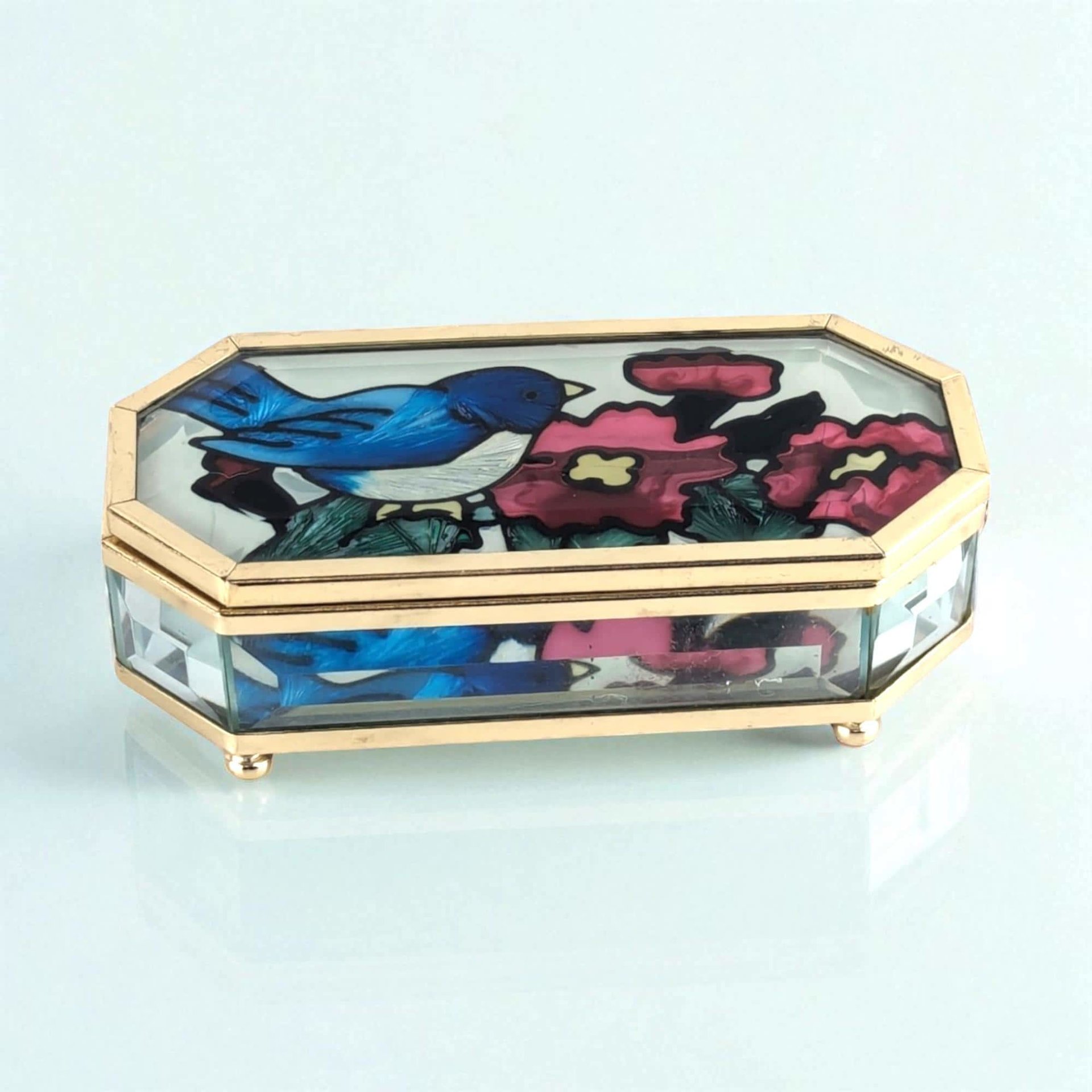 Vintage Joan Baker Designs Jewelry Box, Hand Painted Glass Trinket Box, Bluebird and Flowers, Collectible Box, Gift for Her