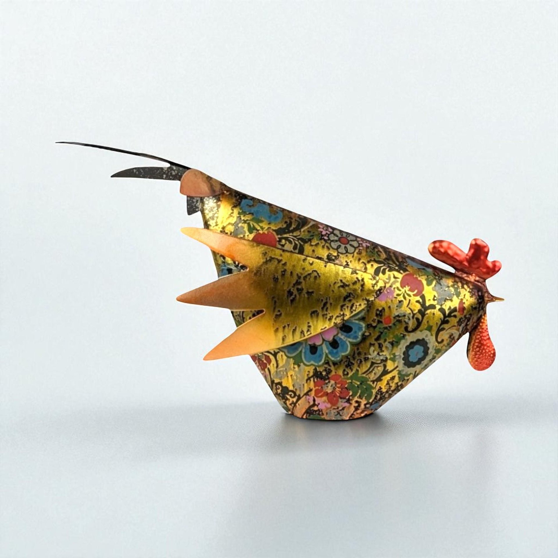 Vintage Floral Metal Rooster Figurine: Farmhouse Kitchen Decor