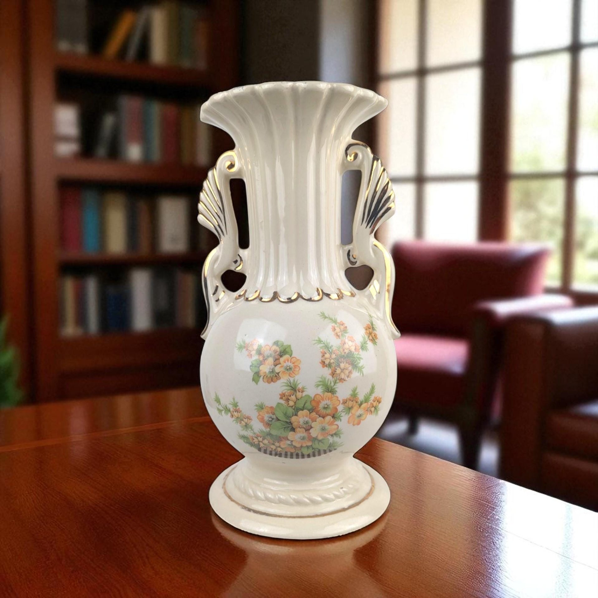 Vintage Floral Vase with Handles: 10 Inch USA Pottery for Farmhouse Mantle Decor