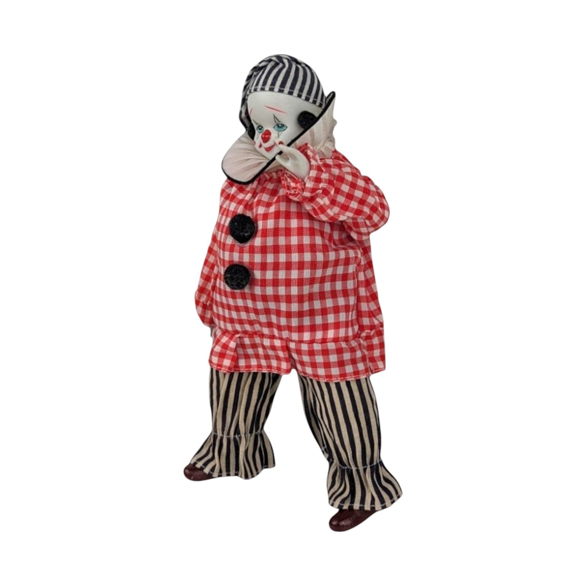 Vintage Clown Doll with Plaid and Stripes | Collectible Clown Doll | Whimsical Doll | Toy Collector | 9-inch Doll