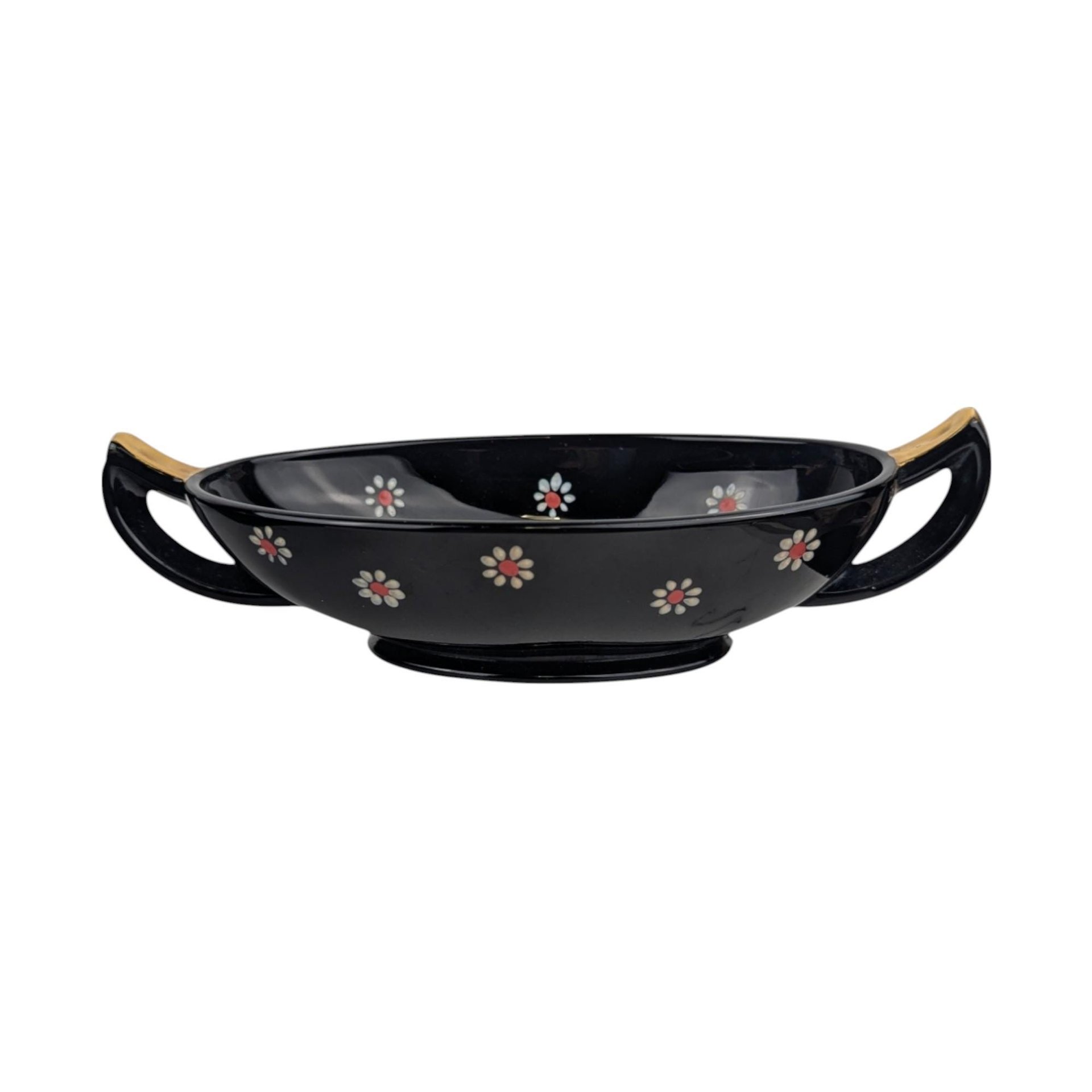 Vintage Imperial Glass Black and Gold Bowl Set with Daisy Design, Handled Bowls and Plates, Elegant Tableware, Gift for Hostess, Collector