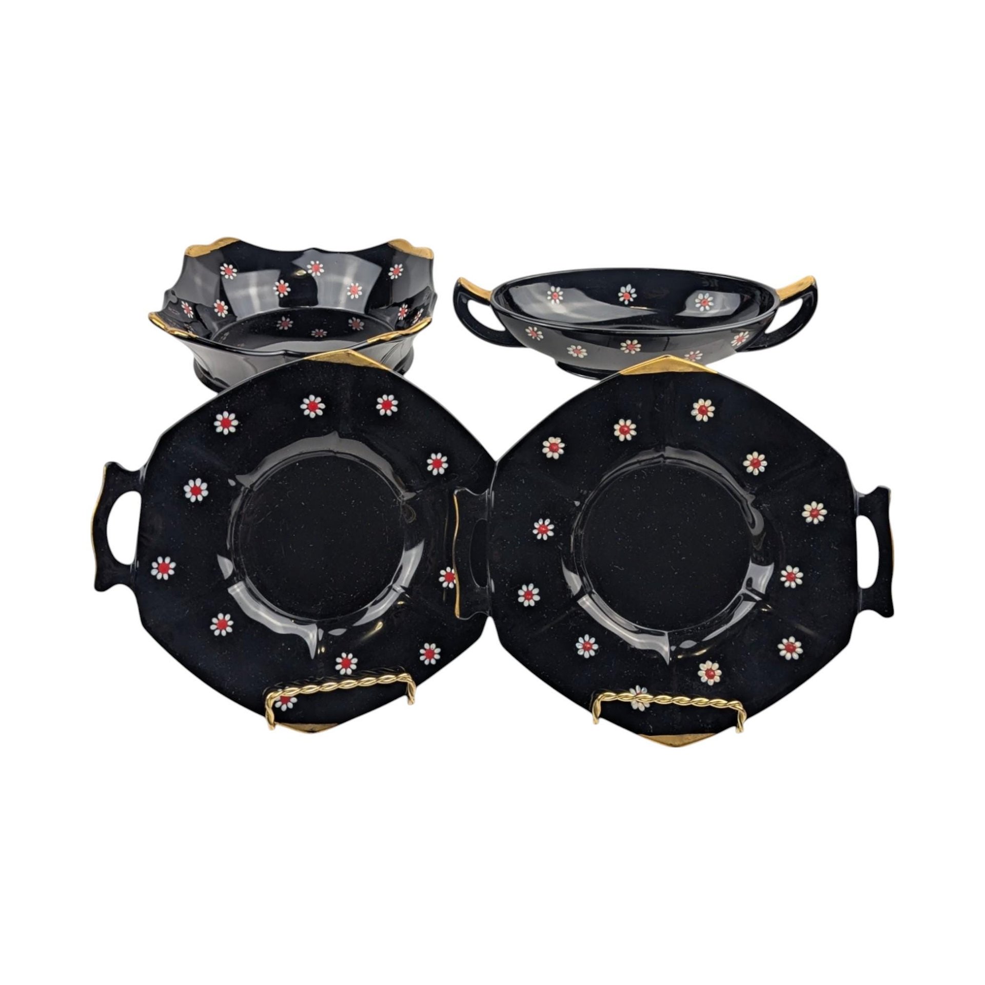 Vintage Imperial Glass Black and Gold Bowl Set with Daisy Design, Handled Bowls and Plates, Elegant Tableware, Gift for Hostess, Collector