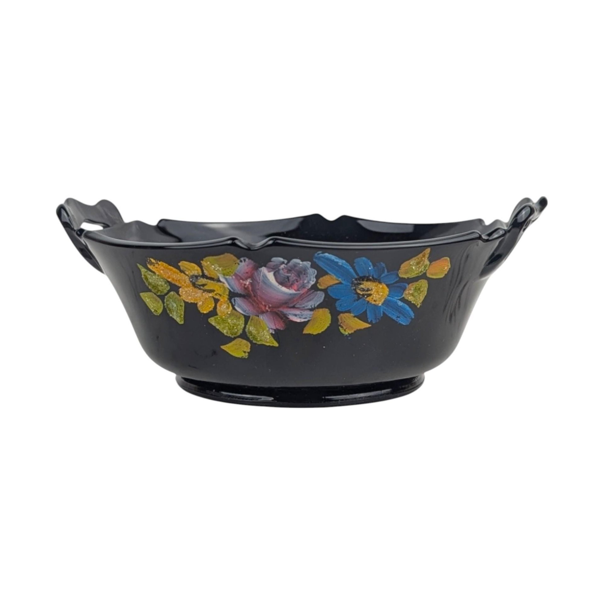 Vintage Black Glass Bowl Set, LE Smith Plate, Hand Painted Floral Bowl, Footed Bowl, Diamond Block Bowl, Gift for Collector, Home Decor