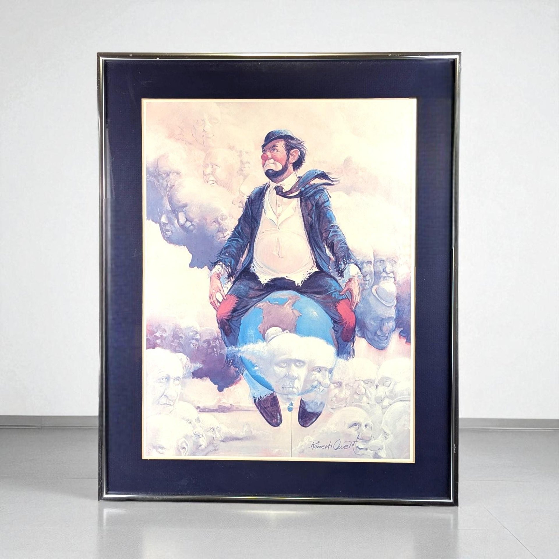 Vintage Robert Owen Clown Print, "Top of the World" Art, Whimsical Wall Decor, Gift for Art Collectors, Framed Clown Artwork