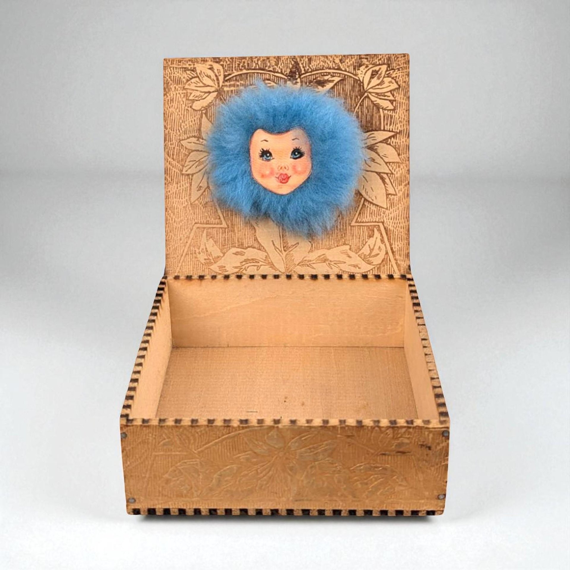 Vintage Pryography Box with Furry Face, Wooden Box, Unique Storage, Handmade Box, Decorative Box, Small Box, Whimsical Decor