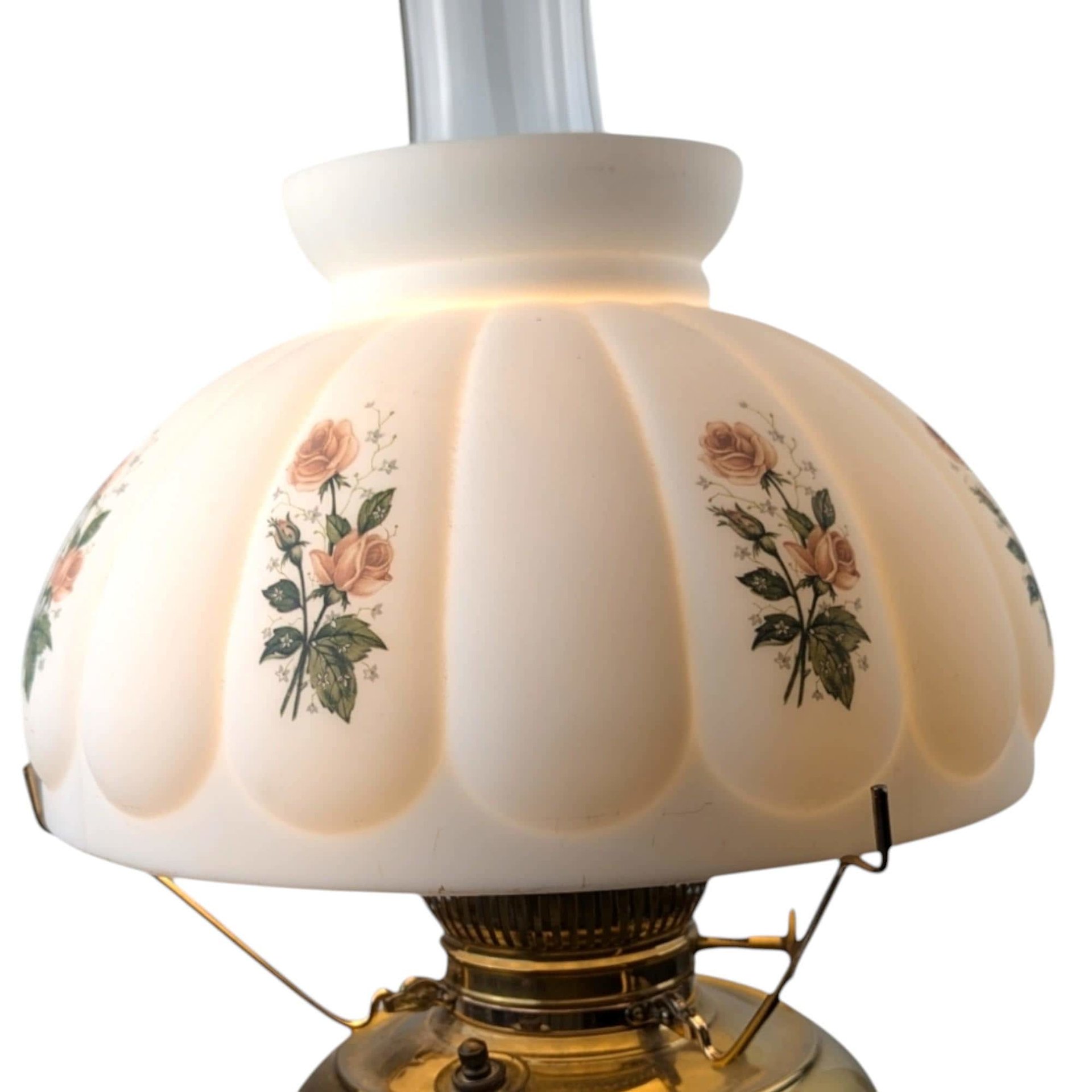 Antique Brass Hurricane Lamp, 21" Electric Lamp, Converted Oil Lamp, Vintage Home Decor, Victorian Lighting, Floral Shade