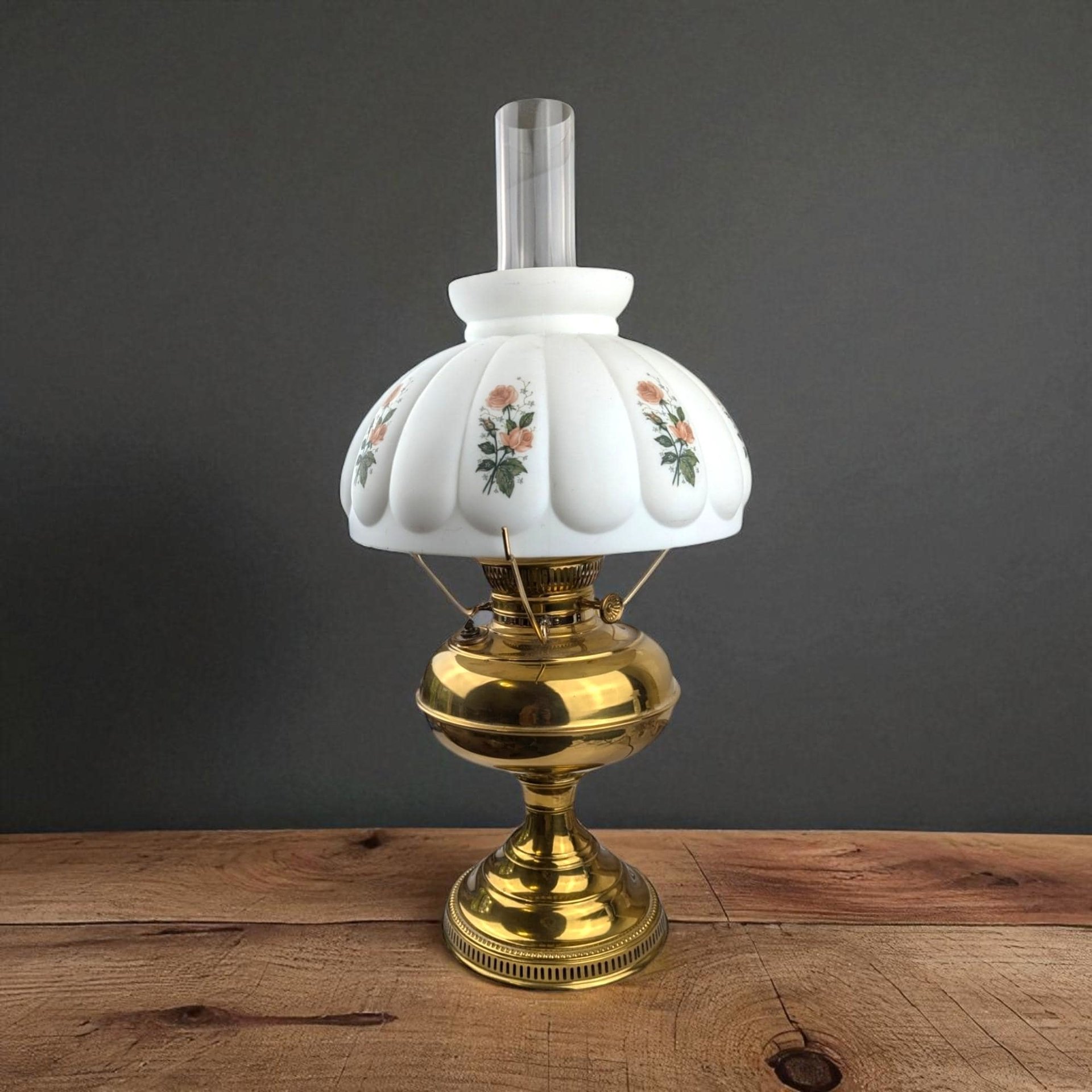 Antique Brass Hurricane Lamp, 21" Electric Lamp, Converted Oil Lamp, Vintage Home Decor, Victorian Lighting, Floral Shade