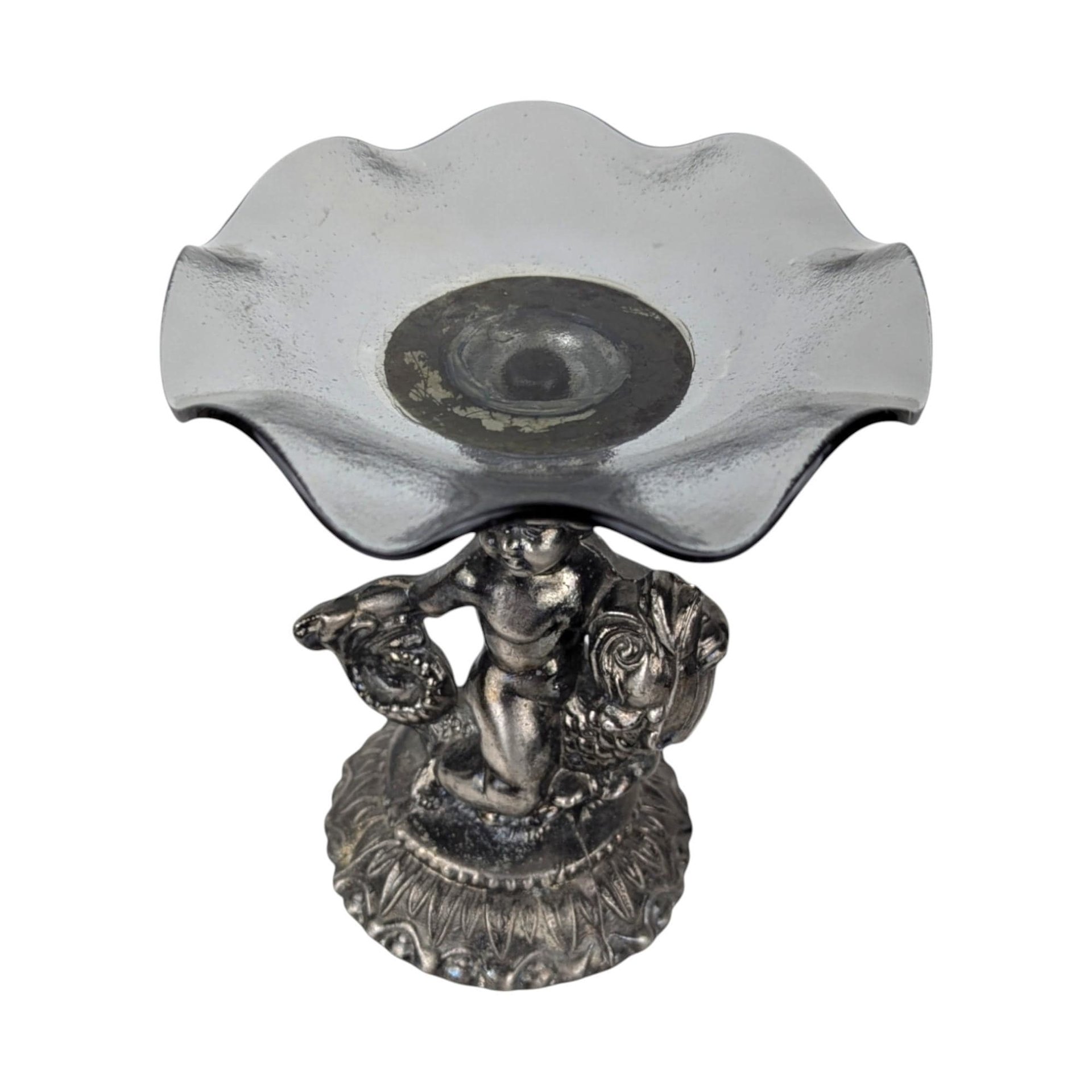 Vintage Cast Pewter Pedestal Dish, Cherub and Koi Fish, Glass Candy Dish, Trinket Dish, Unique Home Decor