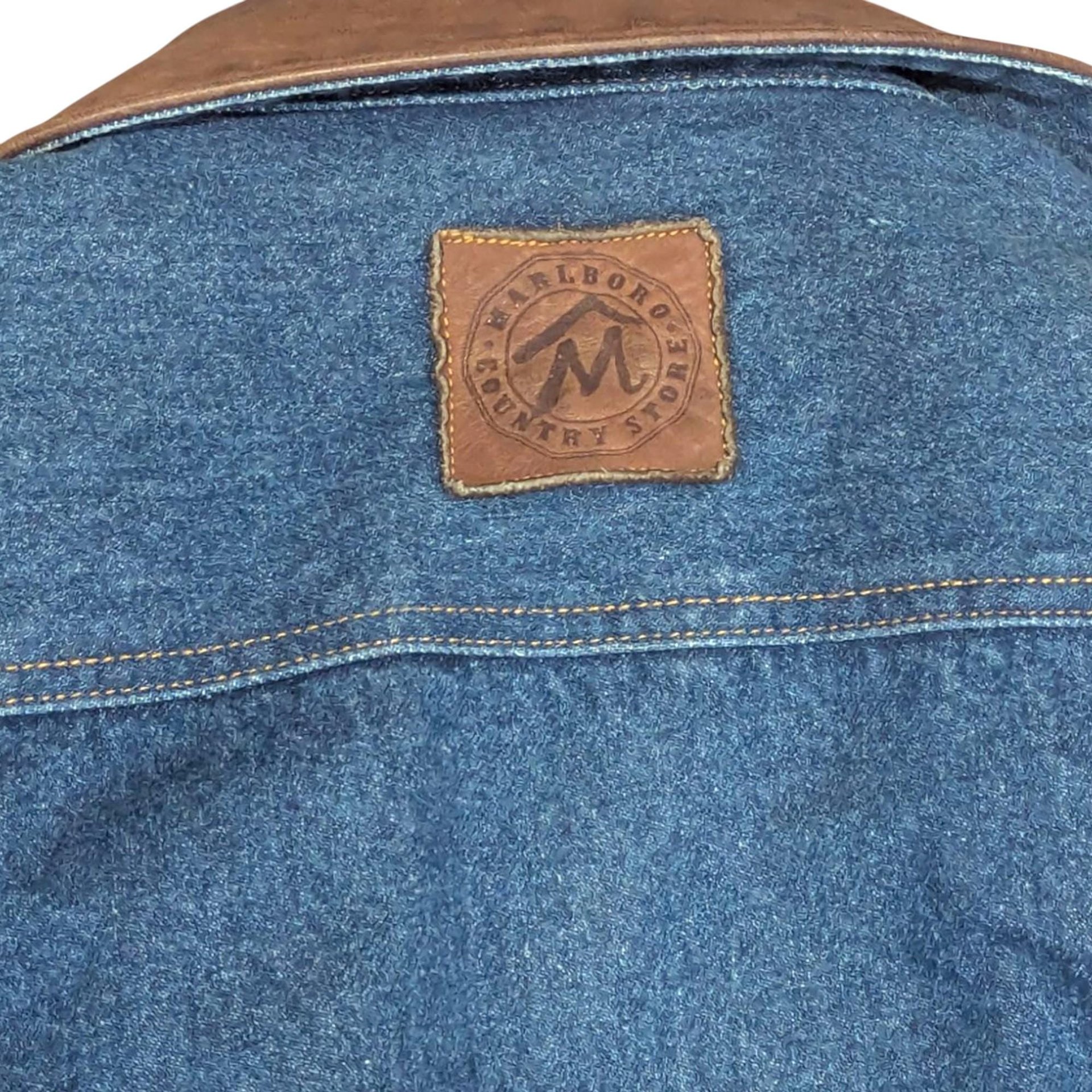 Vintage Marlboro Country Store Denim Jacket XL, Collector Jean Coat with Brown Leather Collar