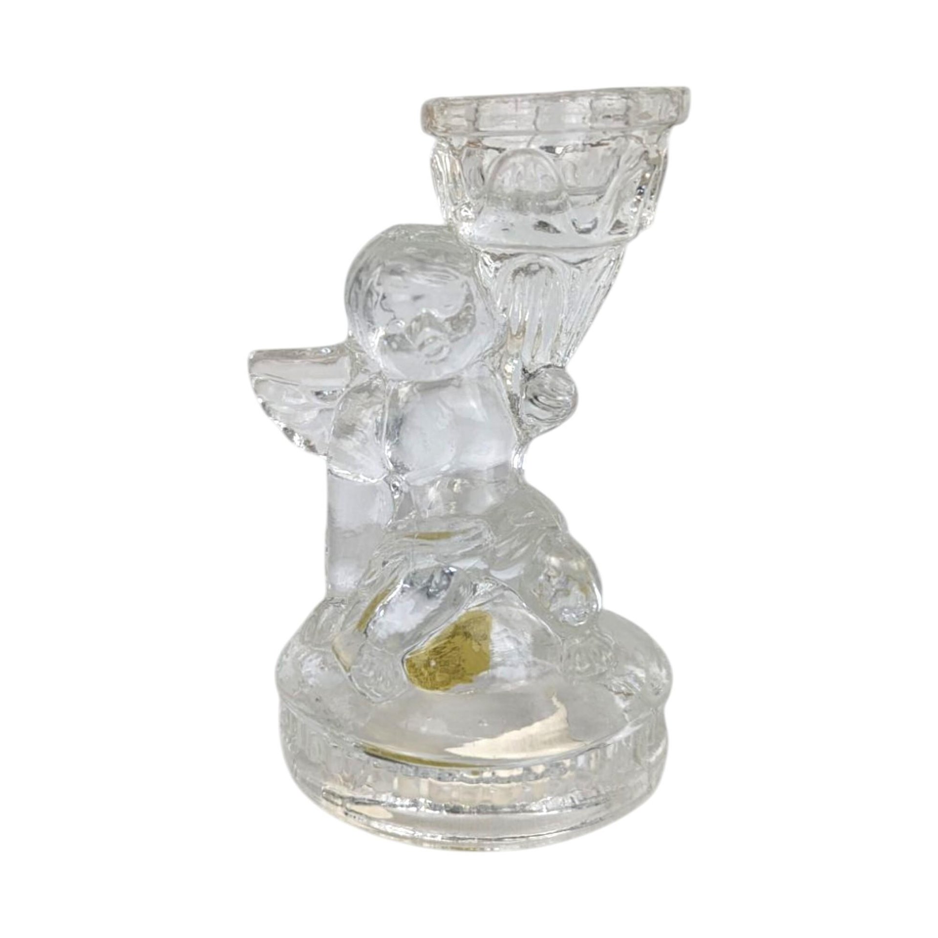 Vintage K's Collection Cherub Candle Holders, Clear Glass Angel Candlestick Pair, 4" Taper Candle Holders, Home Decor