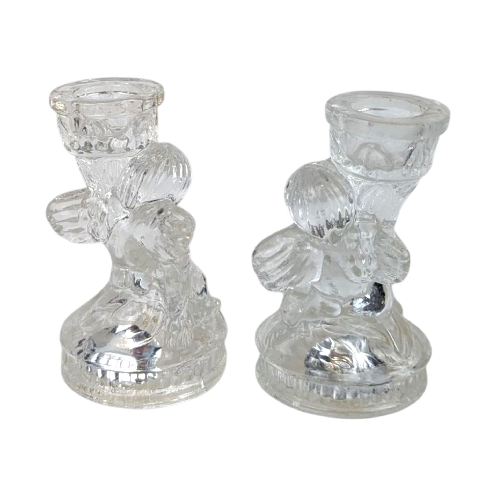 Vintage K's Collection Cherub Candle Holders, Clear Glass Angel Candlestick Pair, 4" Taper Candle Holders, Home Decor