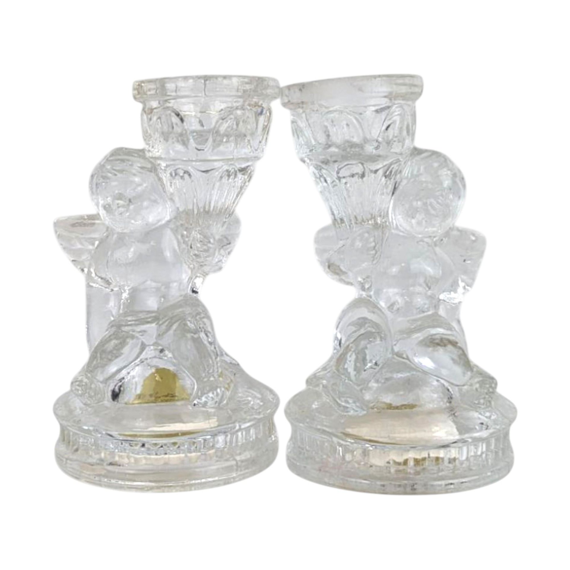 Vintage K's Collection Cherub Candle Holders, Clear Glass Angel Candlestick Pair, 4" Taper Candle Holders, Home Decor