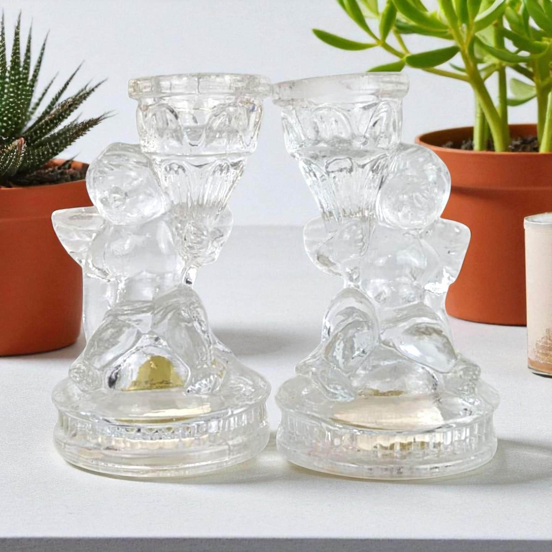 Vintage K's Collection Cherub Candle Holders, Clear Glass Angel Candlestick Pair, 4" Taper Candle Holders, Home Decor