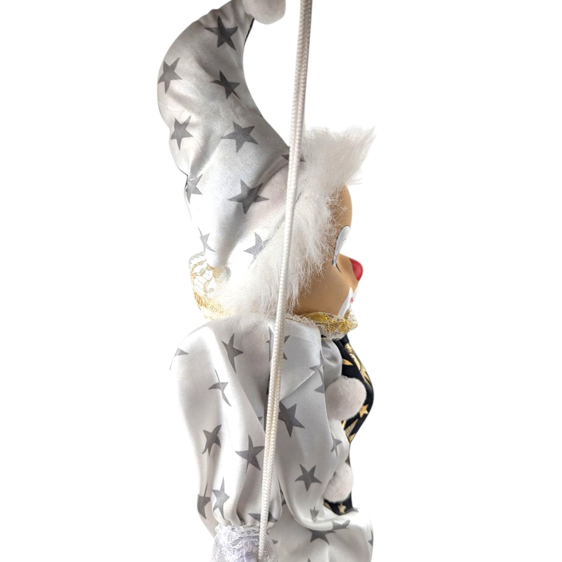 Vintage Moon and Stars Clown Doll, Black White Porcelain Swing Figure, Celestial Circus Decor, Collectible