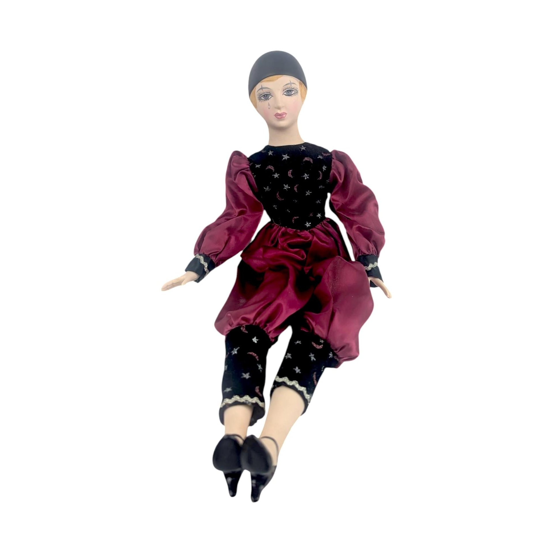 Vintage Pierrot Clown Doll, Porcelain Harlequin with Burgundy Red and Black Celestial Moons Stars Outfit, 18 Inch Gothic Decor Doll