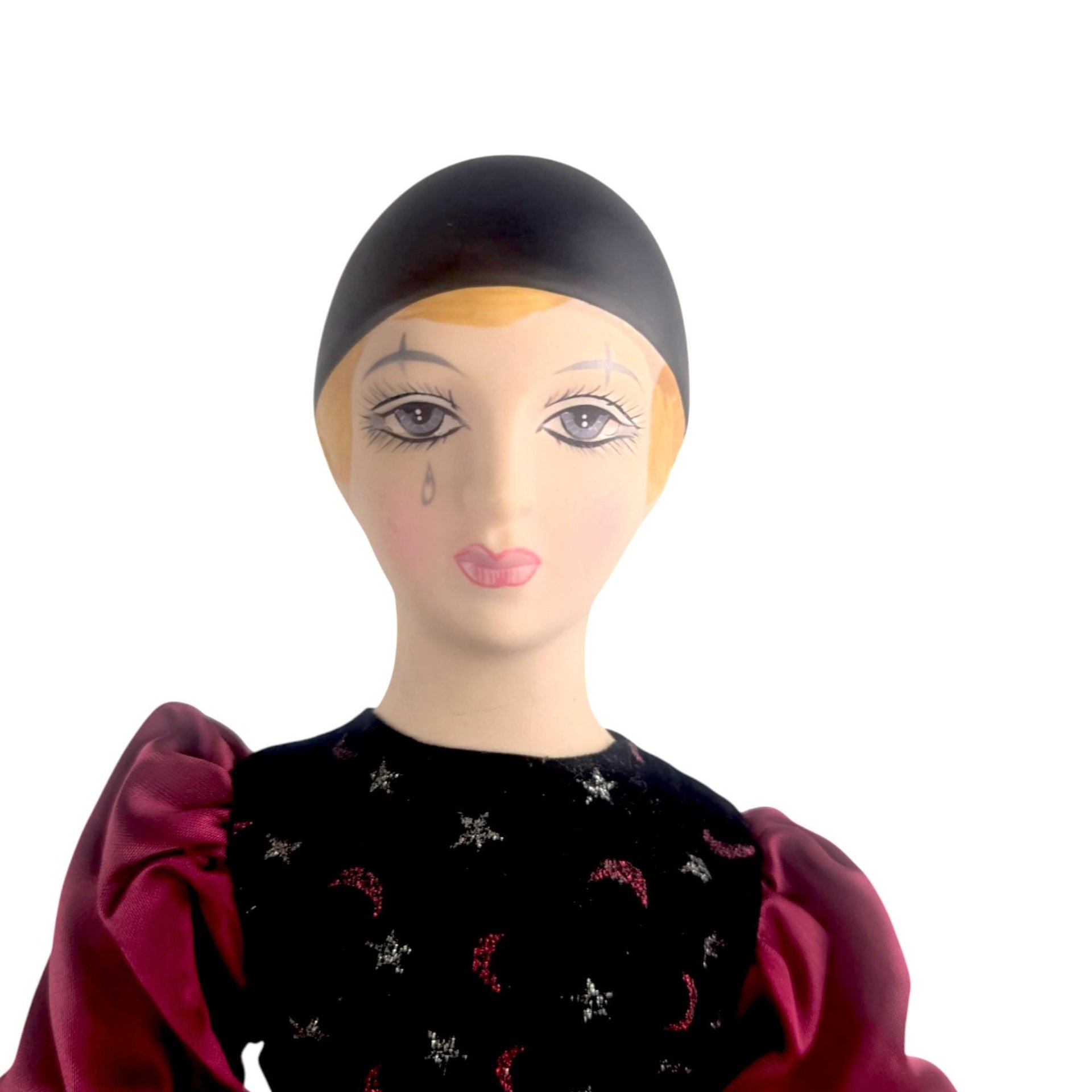 Vintage Pierrot Clown Doll, Porcelain Harlequin with Burgundy Red and Black Celestial Moons Stars Outfit, 18 Inch Gothic Decor Doll