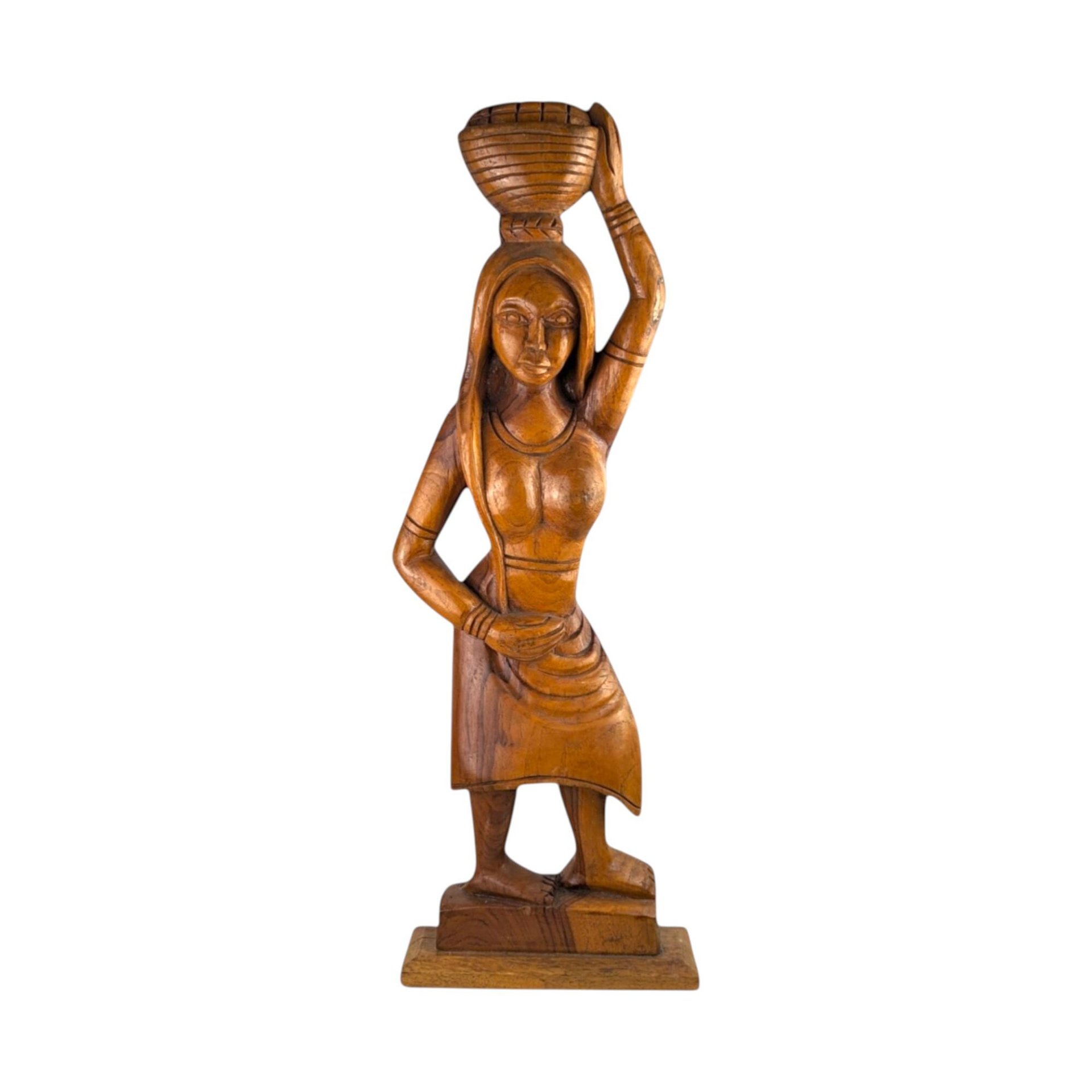 Vintage Hand-Carved Wooden Woman with Bowl Sculpture - 24"  African Art - Tribal Art - Wood Statue