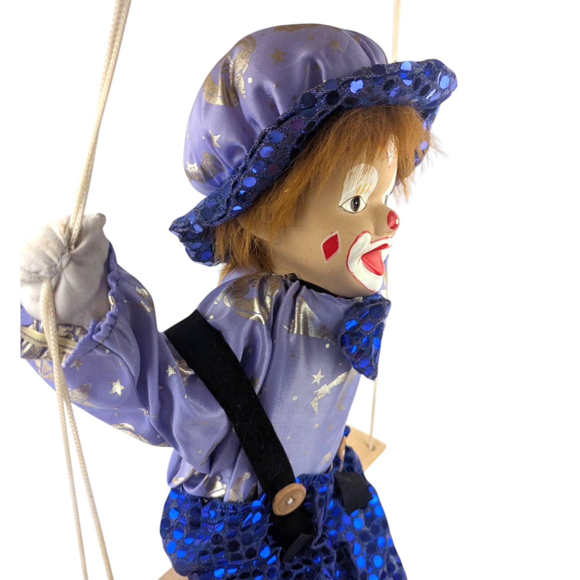 Vintage Porcelain Blue Clown Doll, Hanging, Collectible Circus Decor