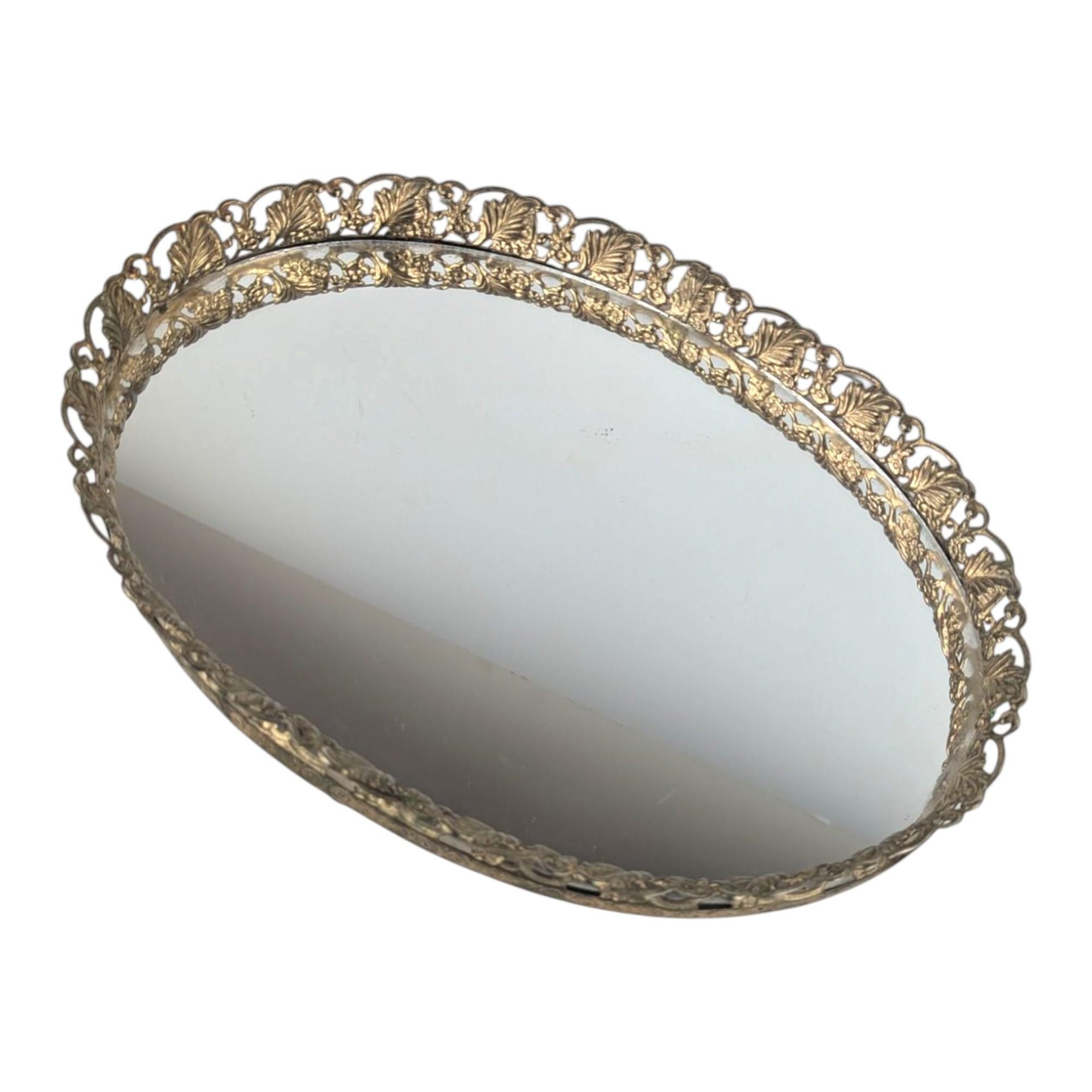 Vintage Oval Filigree Vanity Mirror Tray, Decorative Dresser Tray, Perfume Display, Gift for Her