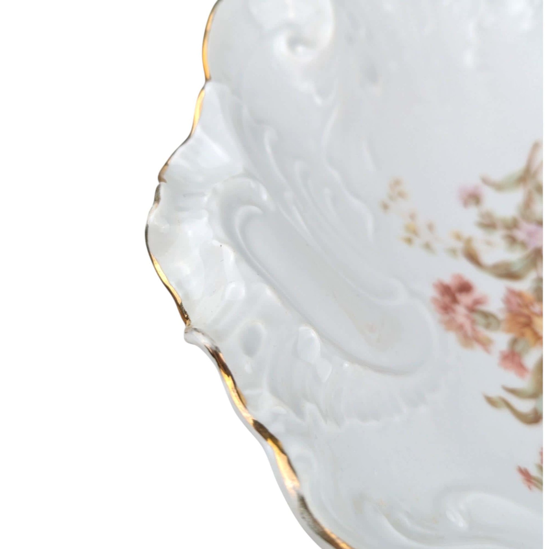 Antique Floral Serving Bowl by Carl Tielsch: German Porcelain with Gold Trim Decor