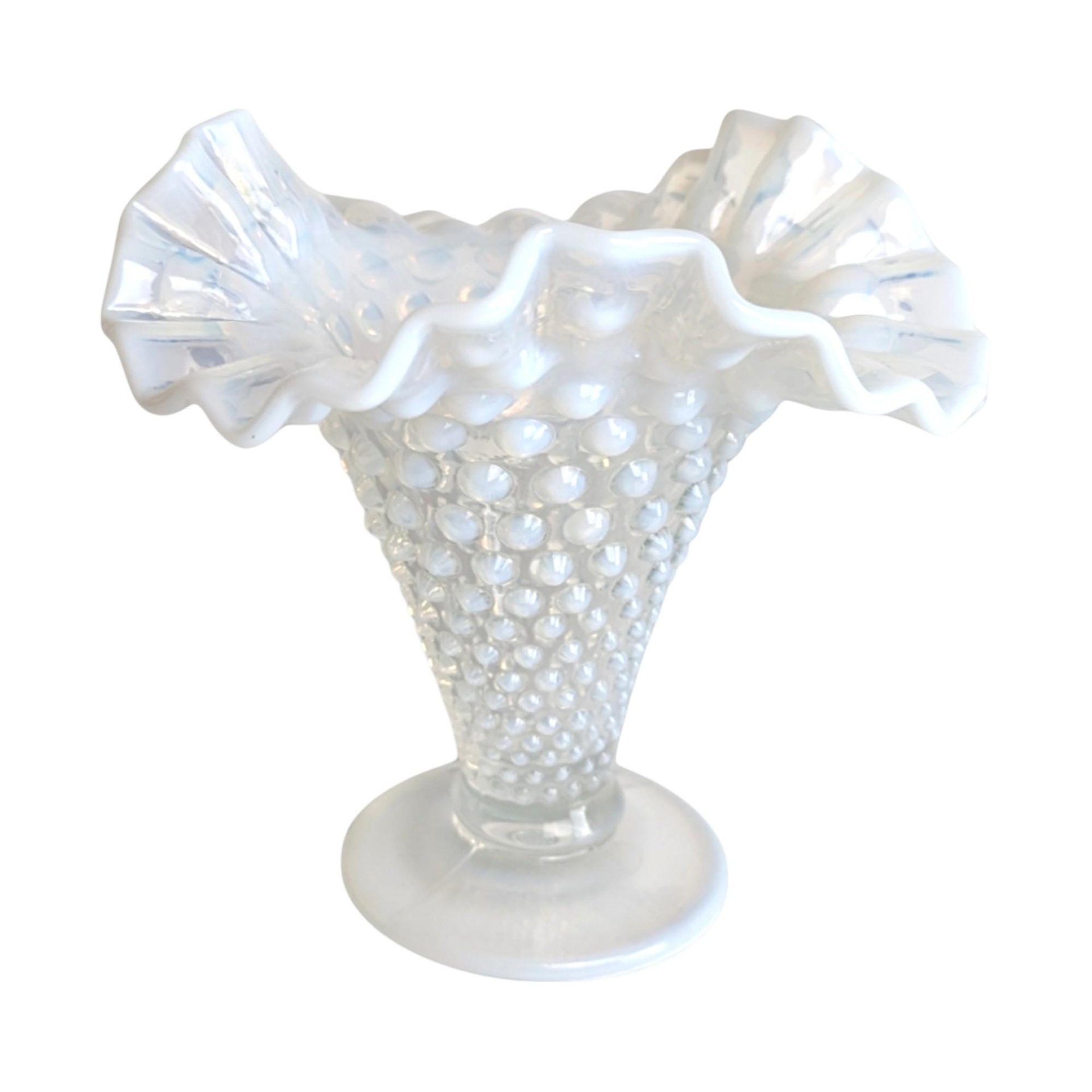 Vintage Fenton Moonstone Hobnail Vase: Opalescent Milk Glass Ruffled Vase