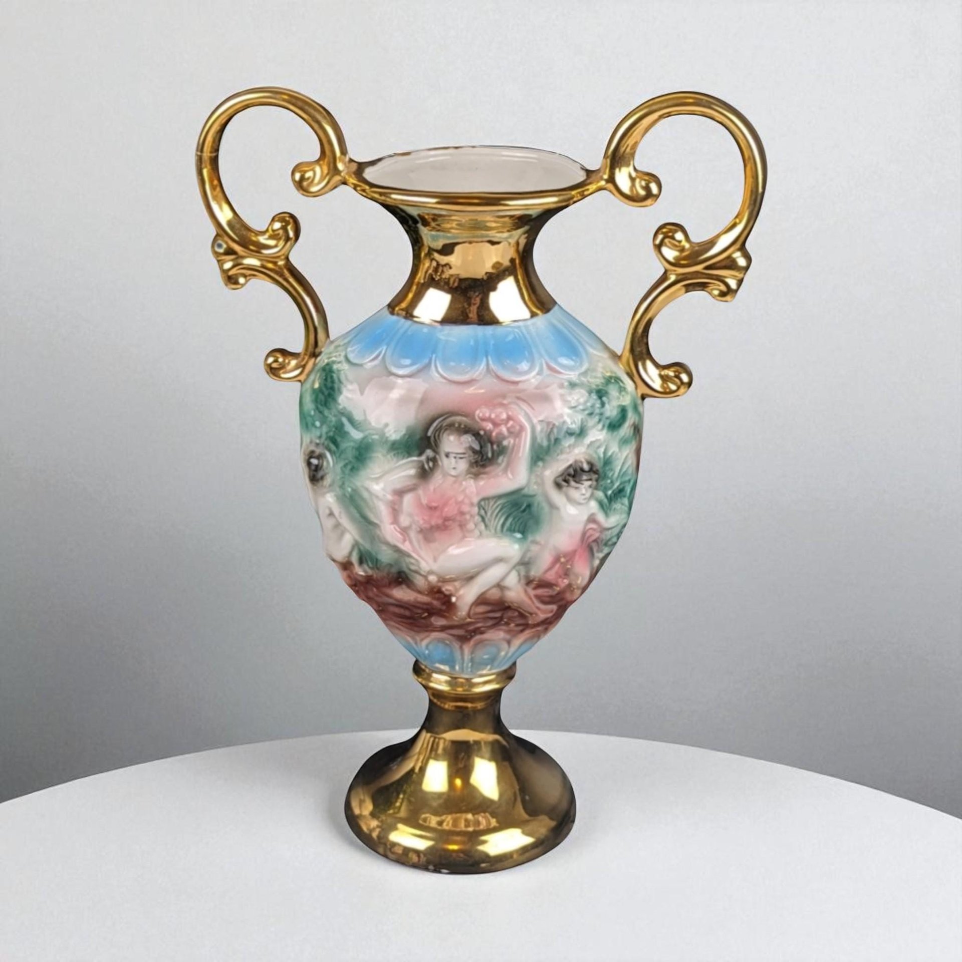 Vintage Italian Amphora Vase with Cherubs: Renaissance Style Porcelain Urn with 24K Gold