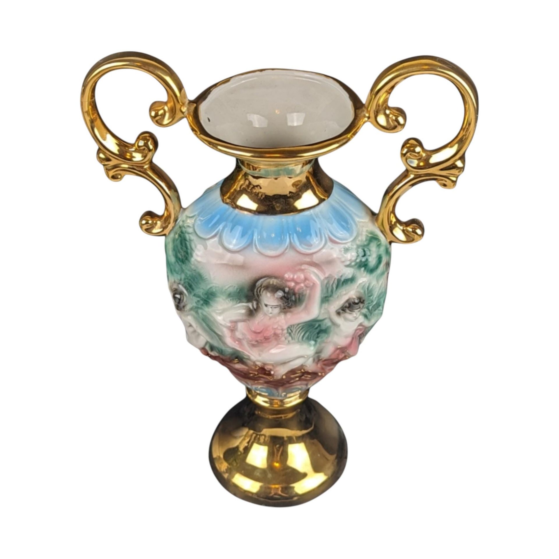 Vintage Italian Amphora Vase with Cherubs: Renaissance Style Porcelain Urn with 24K Gold