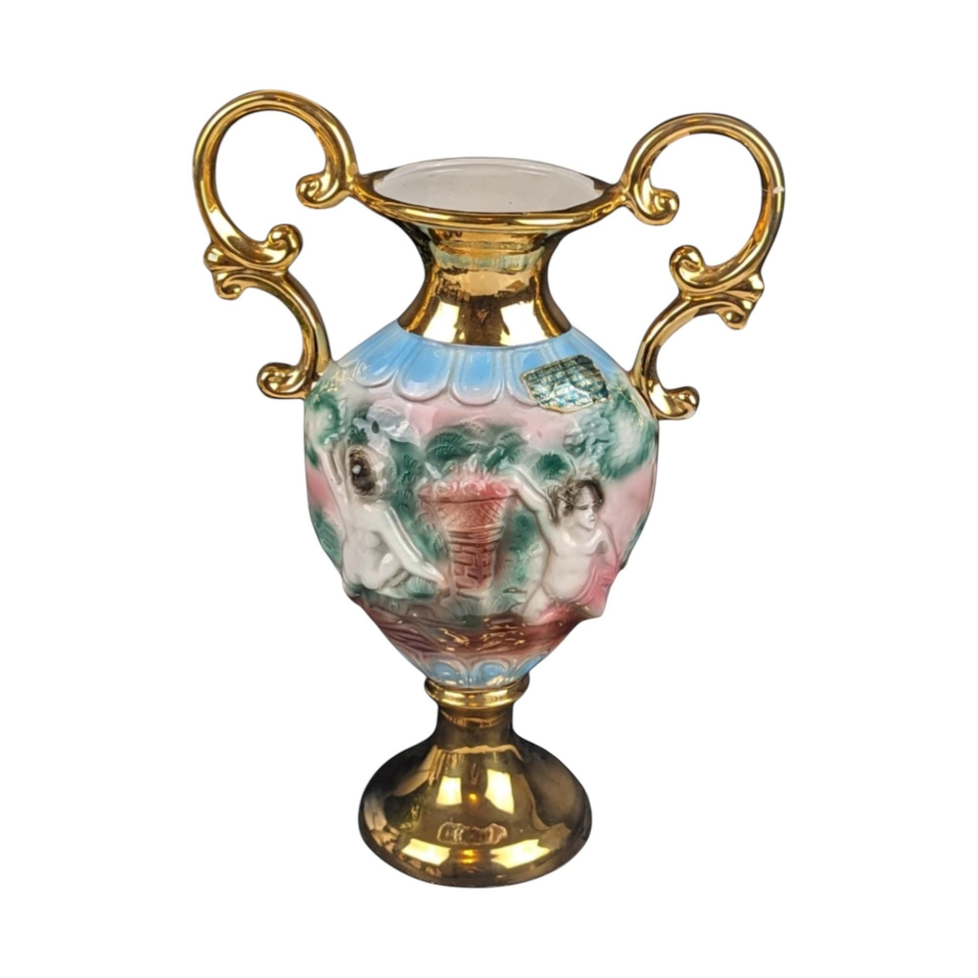 Vintage Italian Amphora Vase with Cherubs: Renaissance Style Porcelain Urn with 24K Gold