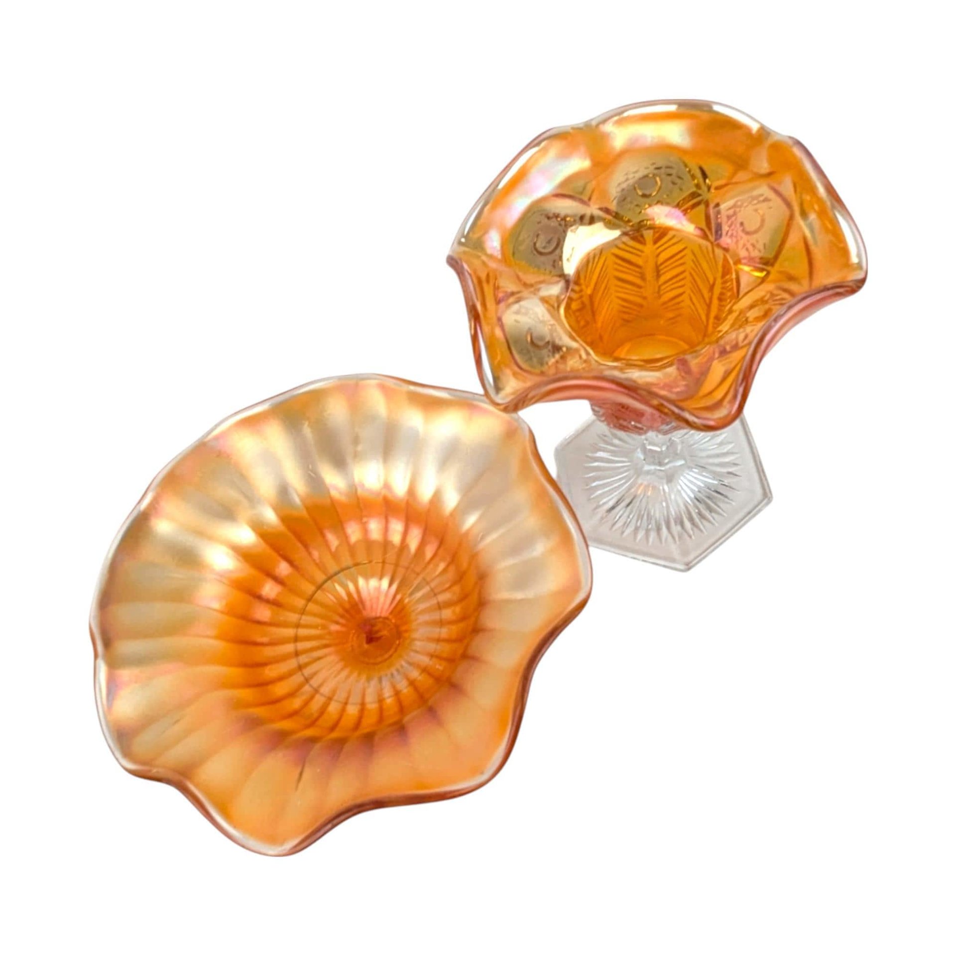 Vintage Marigold Glass Set, 4 Pieces, Compote, Candy Dishes,  Loganberry Bowl,  Iridescent Glassware, Home Decor, Gift for Collector