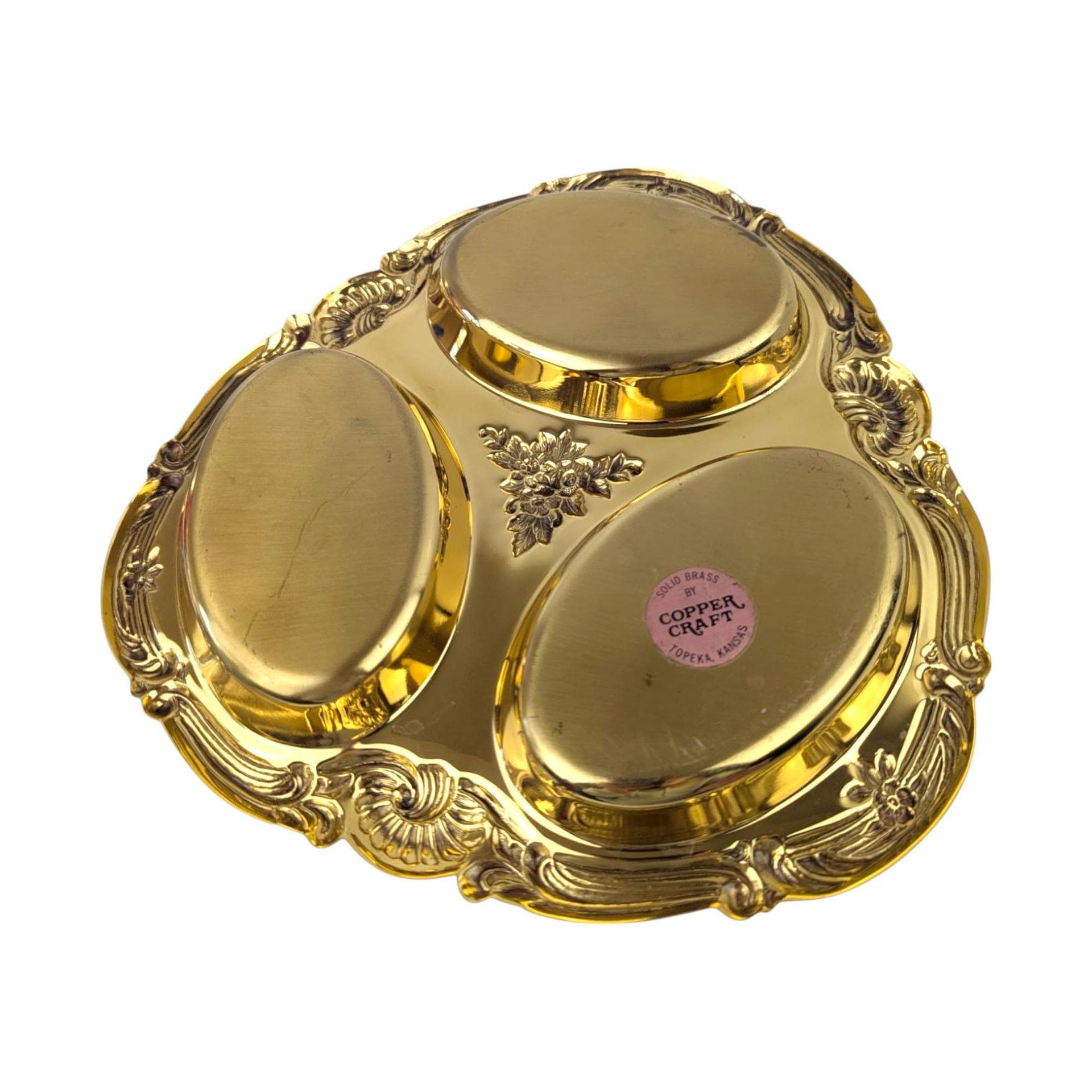 Vintage Copper Craft Serving Tray with Three Glass Dishes, Ornate Party Platter, Decorative Appetizer Server