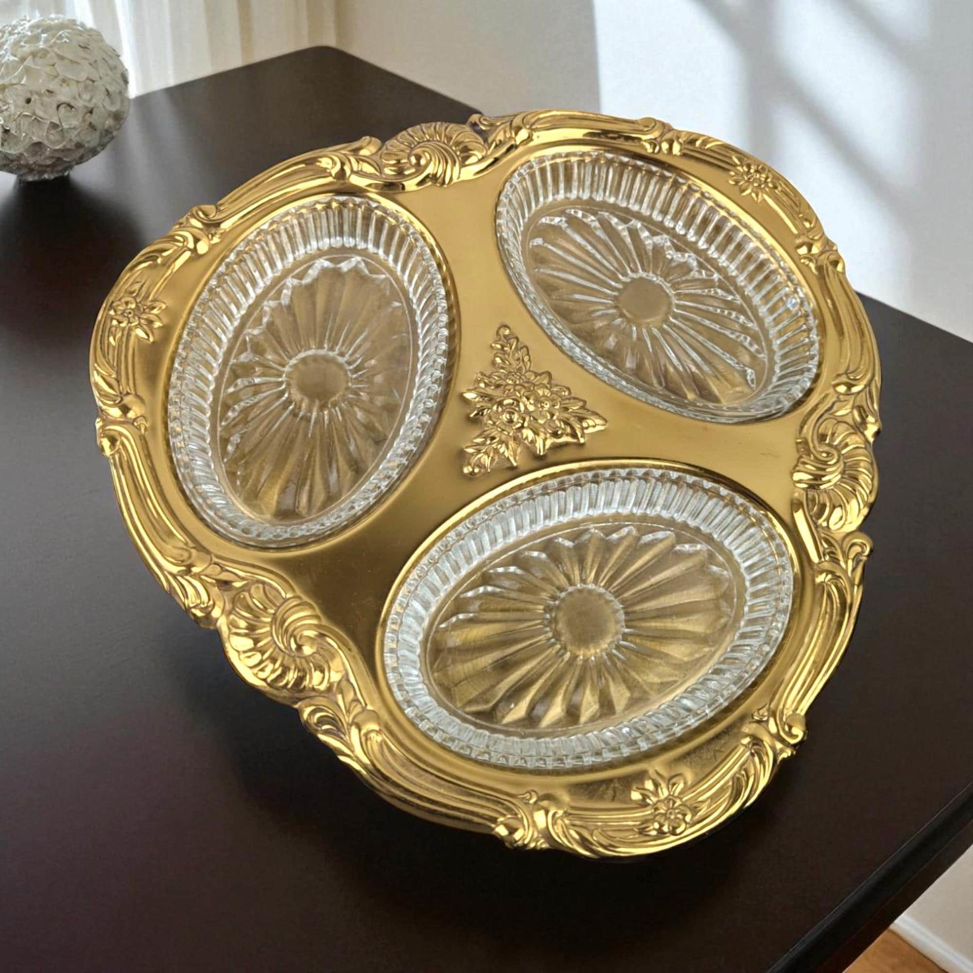 Vintage Copper Craft Serving Tray with Three Glass Dishes, Ornate Party Platter, Decorative Appetizer Server
