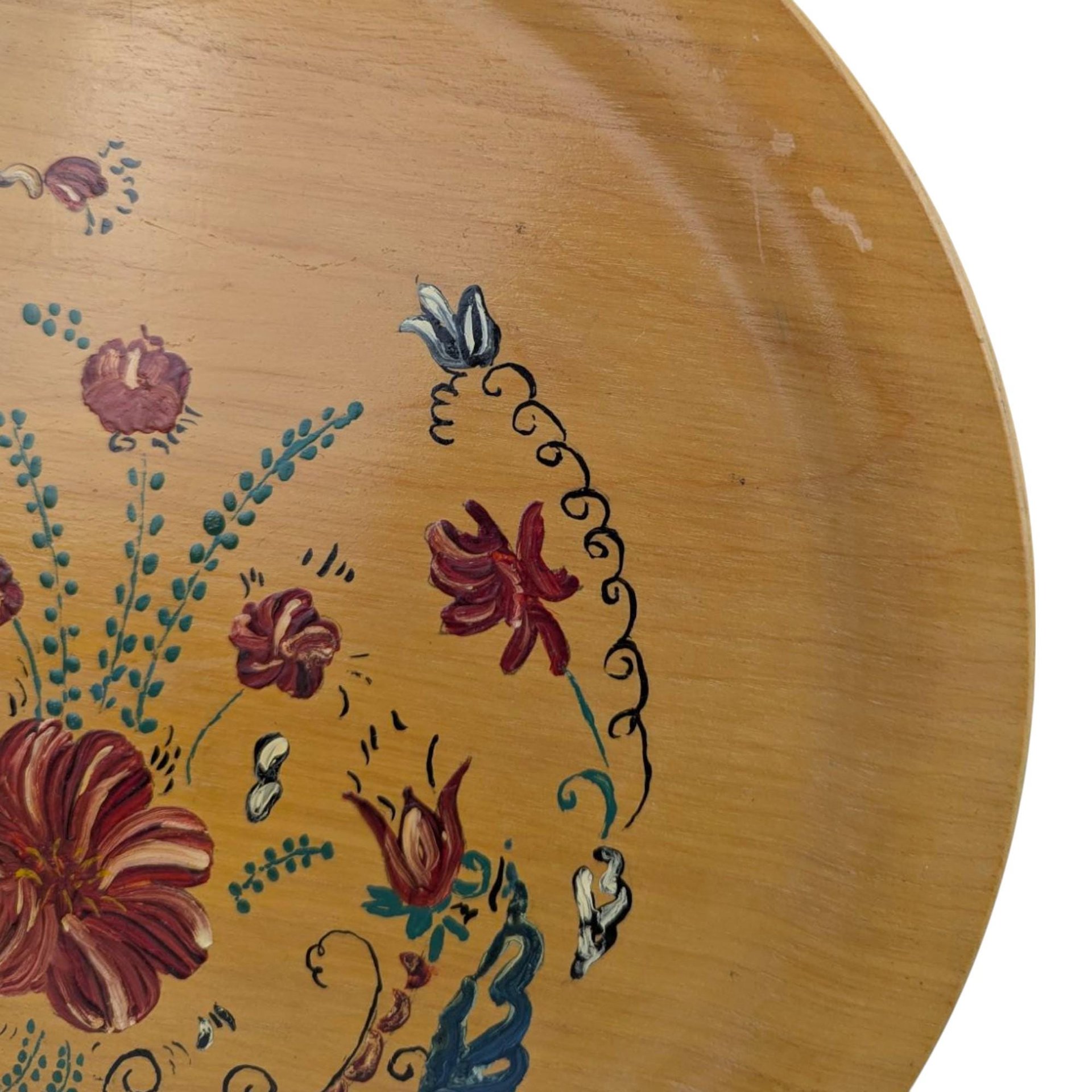 Pair of Vintage Handpainted Wooden Plates, Floral Design, Signed Wall Decor, Rustic Kitchen Display