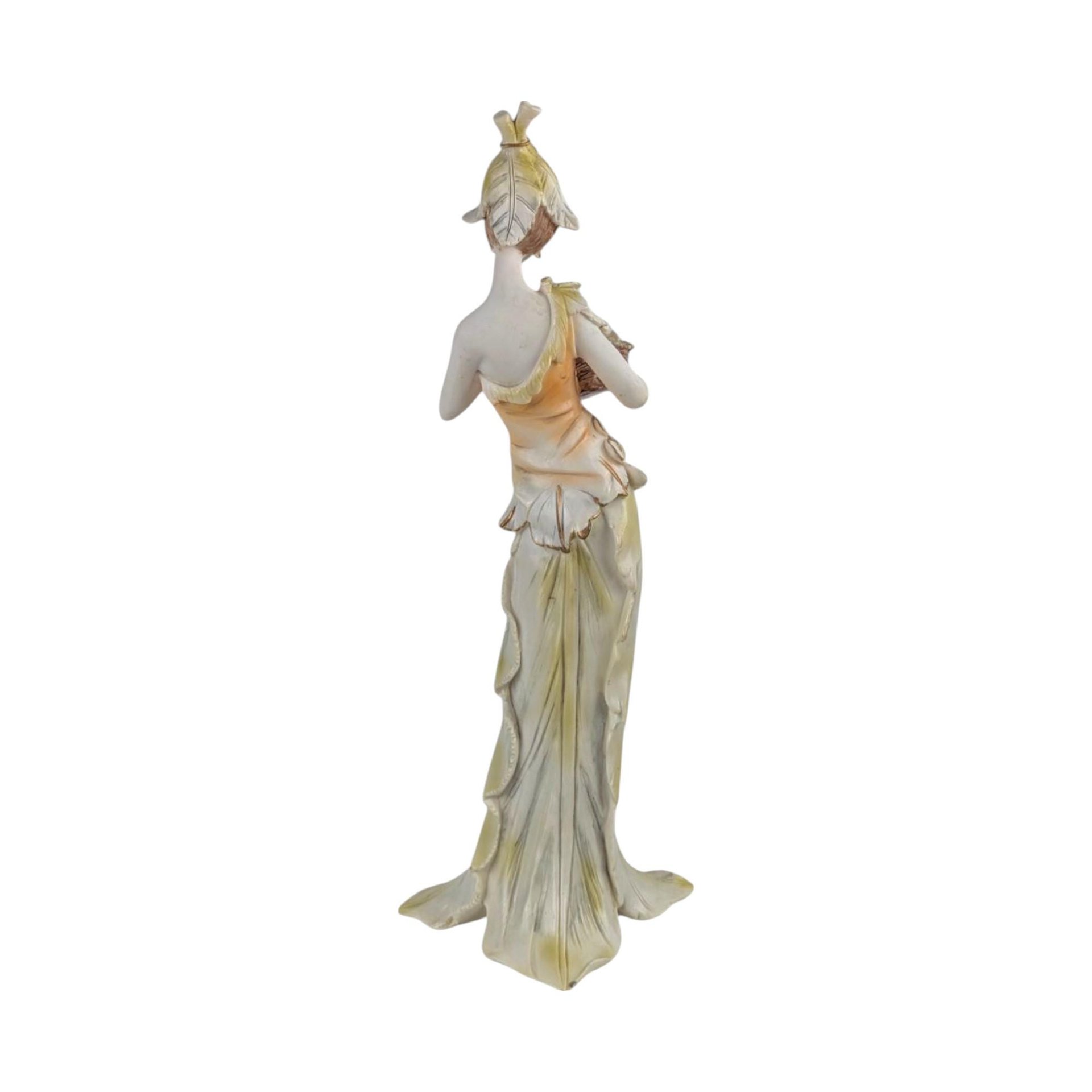 Vintage Resin Woman Figurine, Elegant Dresser Decor, Lady with Flowers, Art Deco Style, Decorative Sculpture