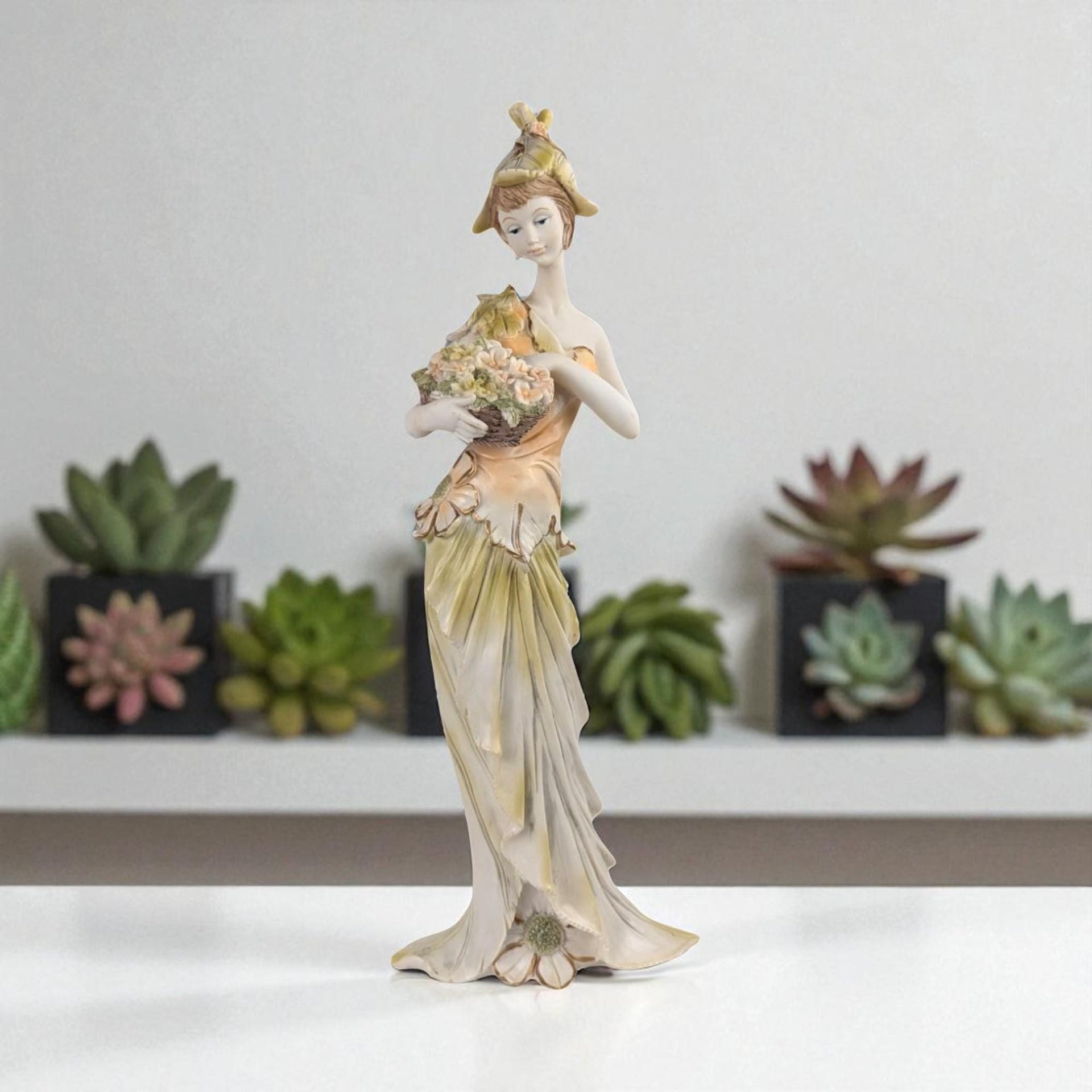 Vintage Resin Woman Figurine, Elegant Dresser Decor, Lady with Flowers, Art Deco Style, Decorative Sculpture