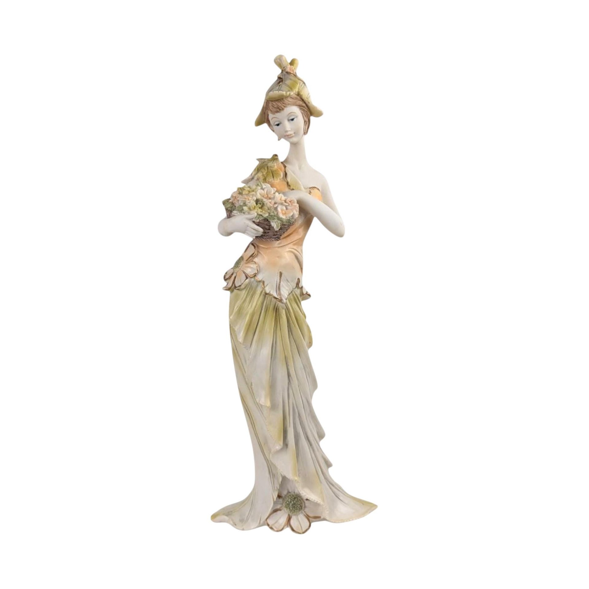 Vintage Resin Woman Figurine, Elegant Dresser Decor, Lady with Flowers, Art Deco Style, Decorative Sculpture