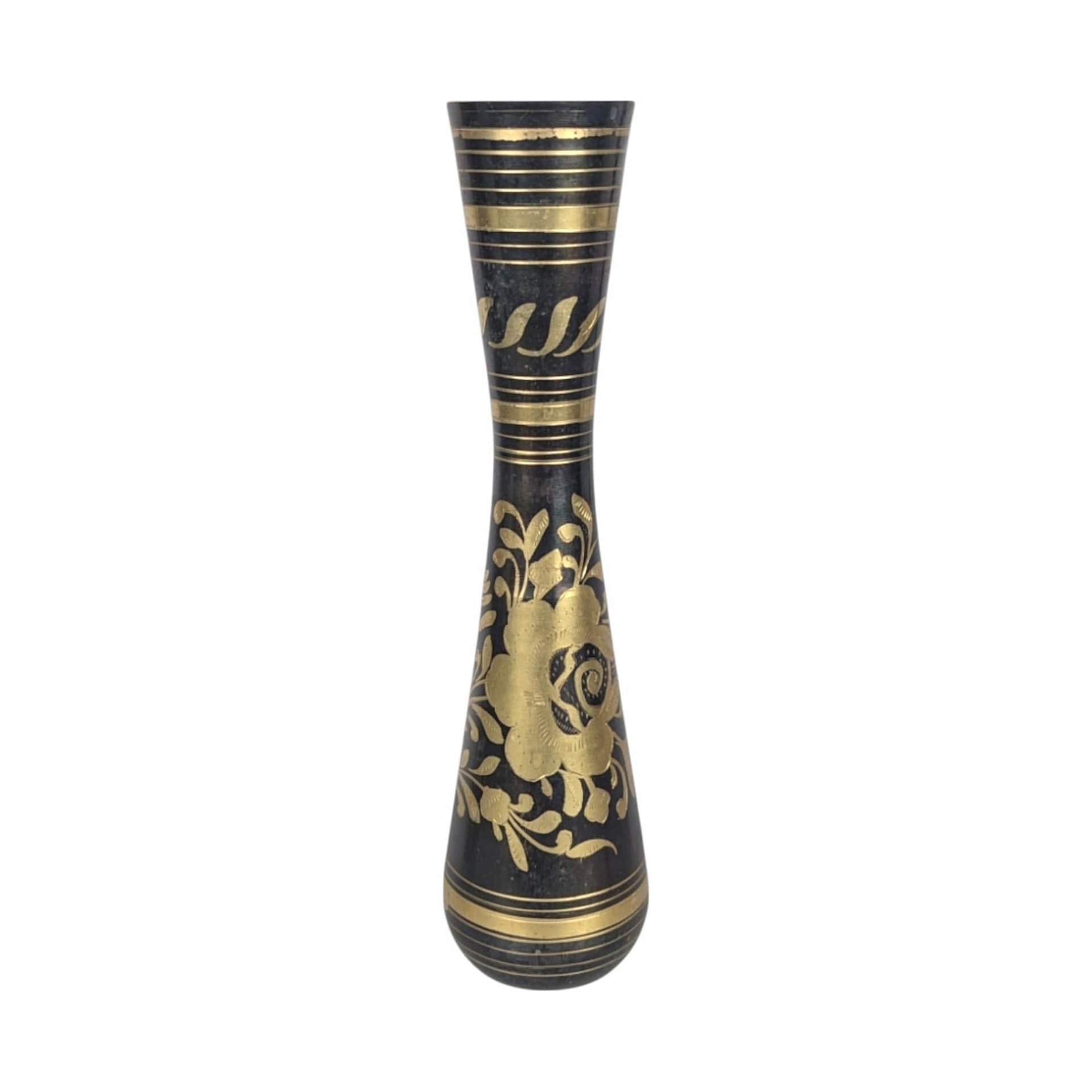 Vintage Brass Vases from India, Black and Gold, Floral Etched, 11 3/4" Tall, Pair, Home Decor, Boho Chic