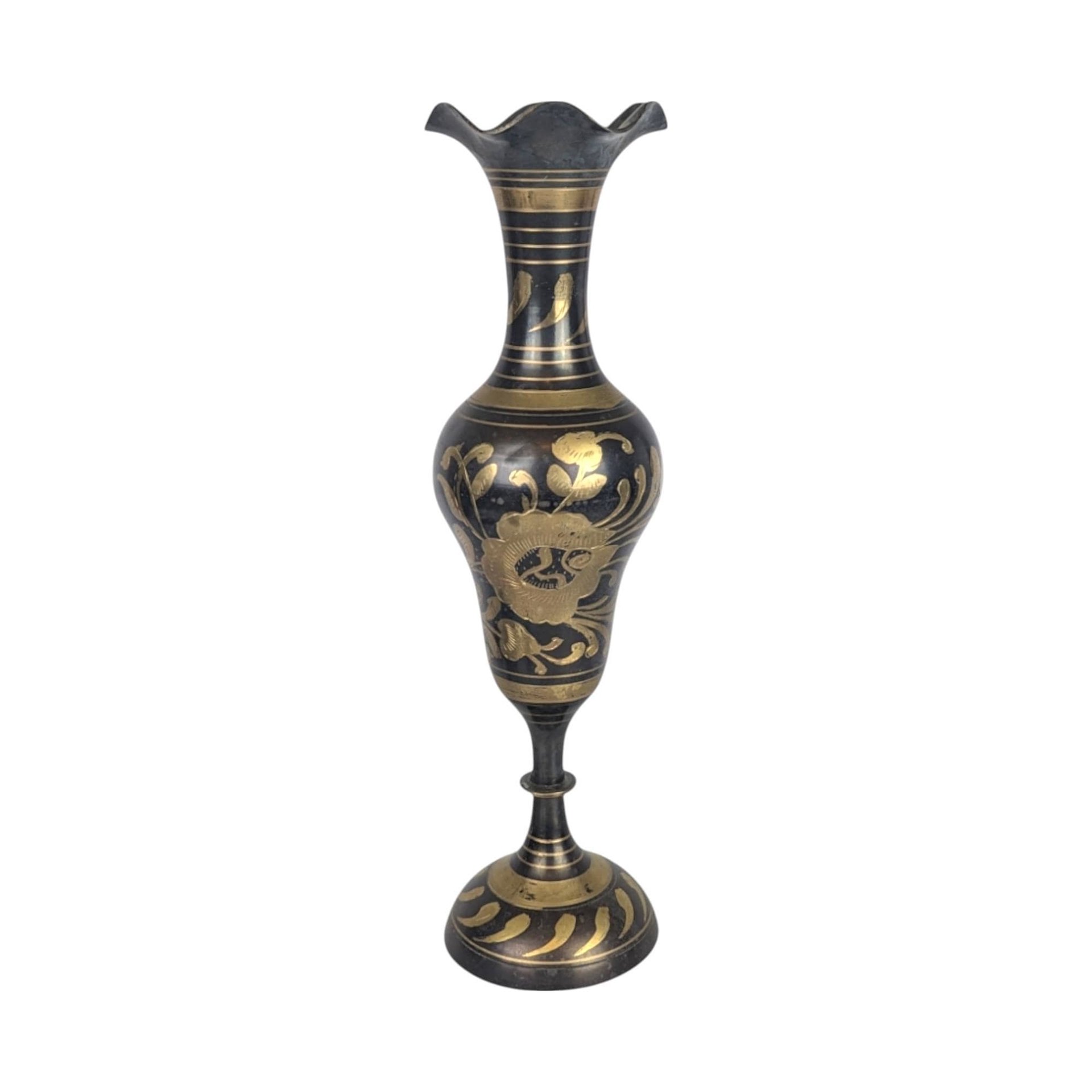 Vintage Brass Vases from India, Black and Gold, Floral Etched, 11 3/4" Tall, Pair, Home Decor, Boho Chic