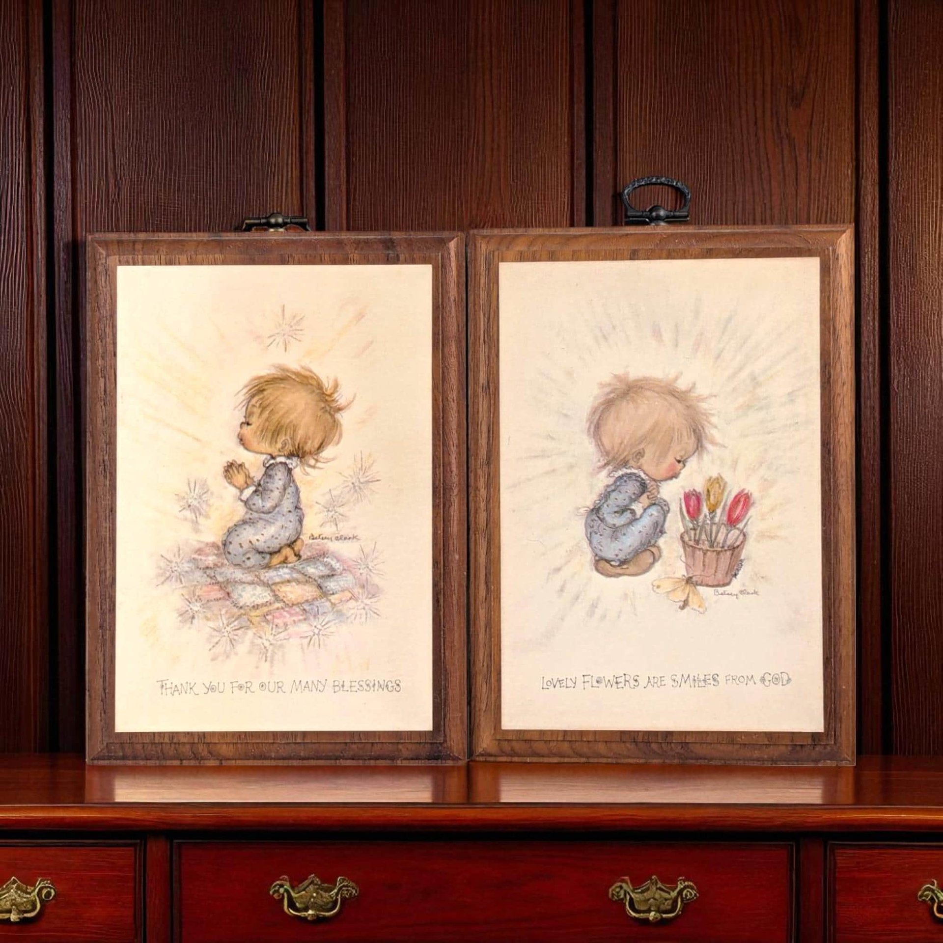 1971 Betsey Clark "Blessings" & "Flowers" Wooden Plaques, Vintage Children's Art, Inspirational Wall Decor, Gift Set