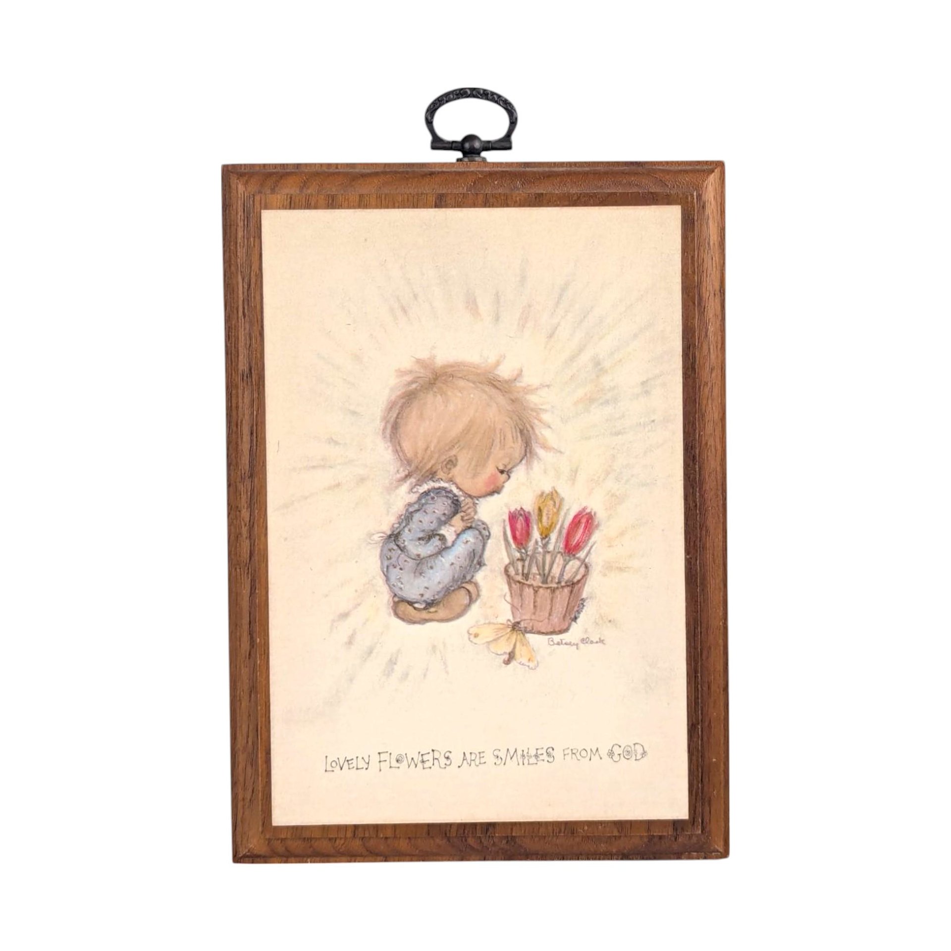 1971 Betsey Clark "Blessings" & "Flowers" Wooden Plaques, Vintage Children's Art, Inspirational Wall Decor, Gift Set
