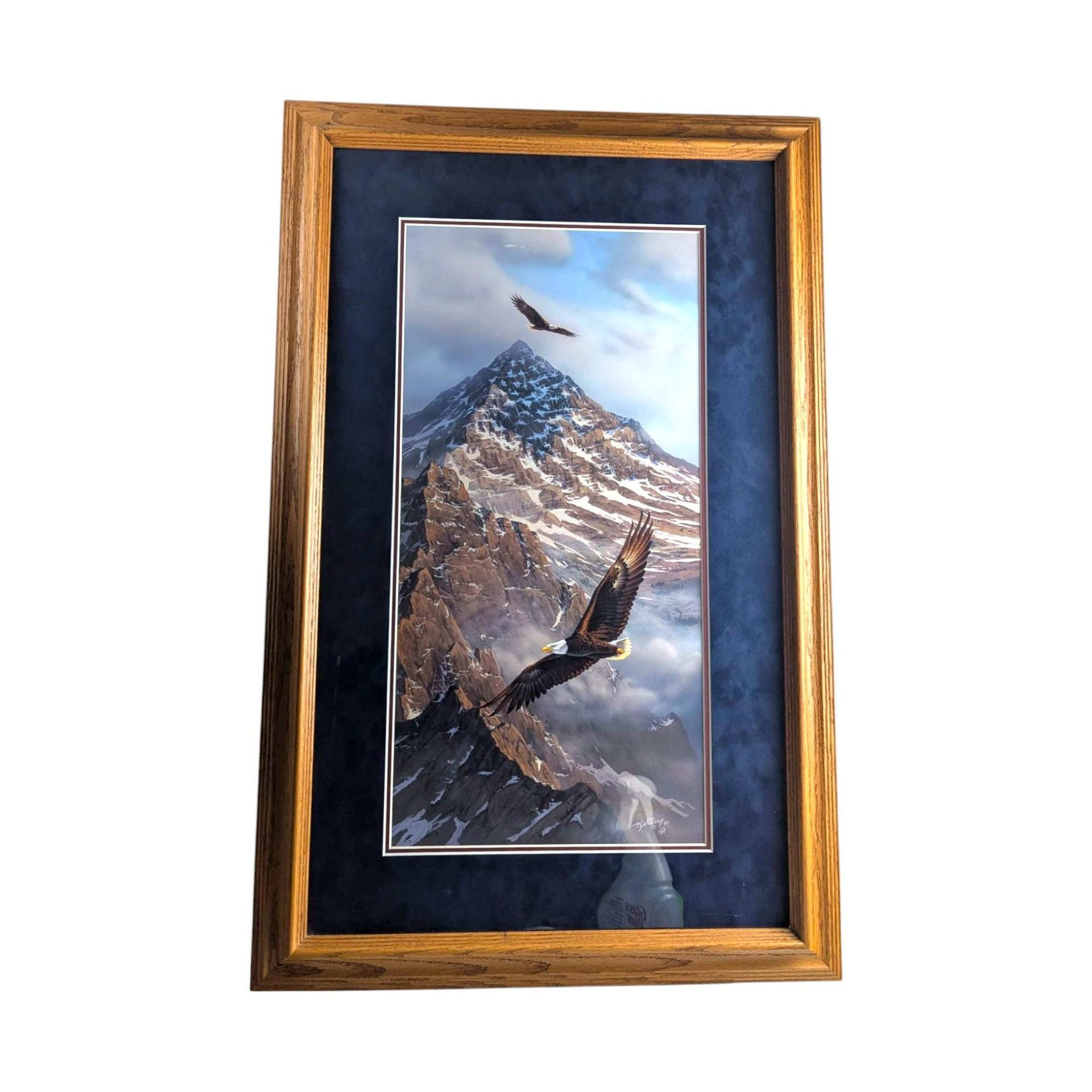 Vintage Framed "On Freedom's Wing" Kelley Print, Eagles & Mountain Landscape, Signed Art, Large Wall Decor