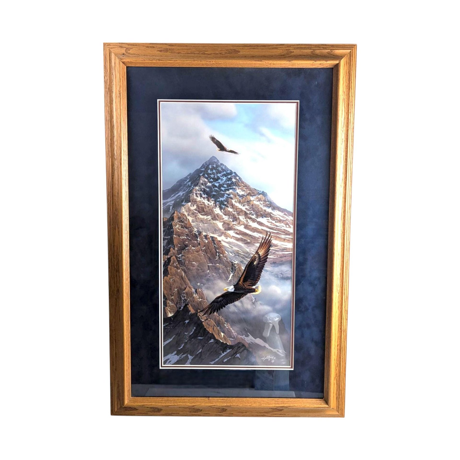 Vintage Framed "On Freedom's Wing" Kelley Print, Eagles & Mountain Landscape, Signed Art, Large Wall Decor